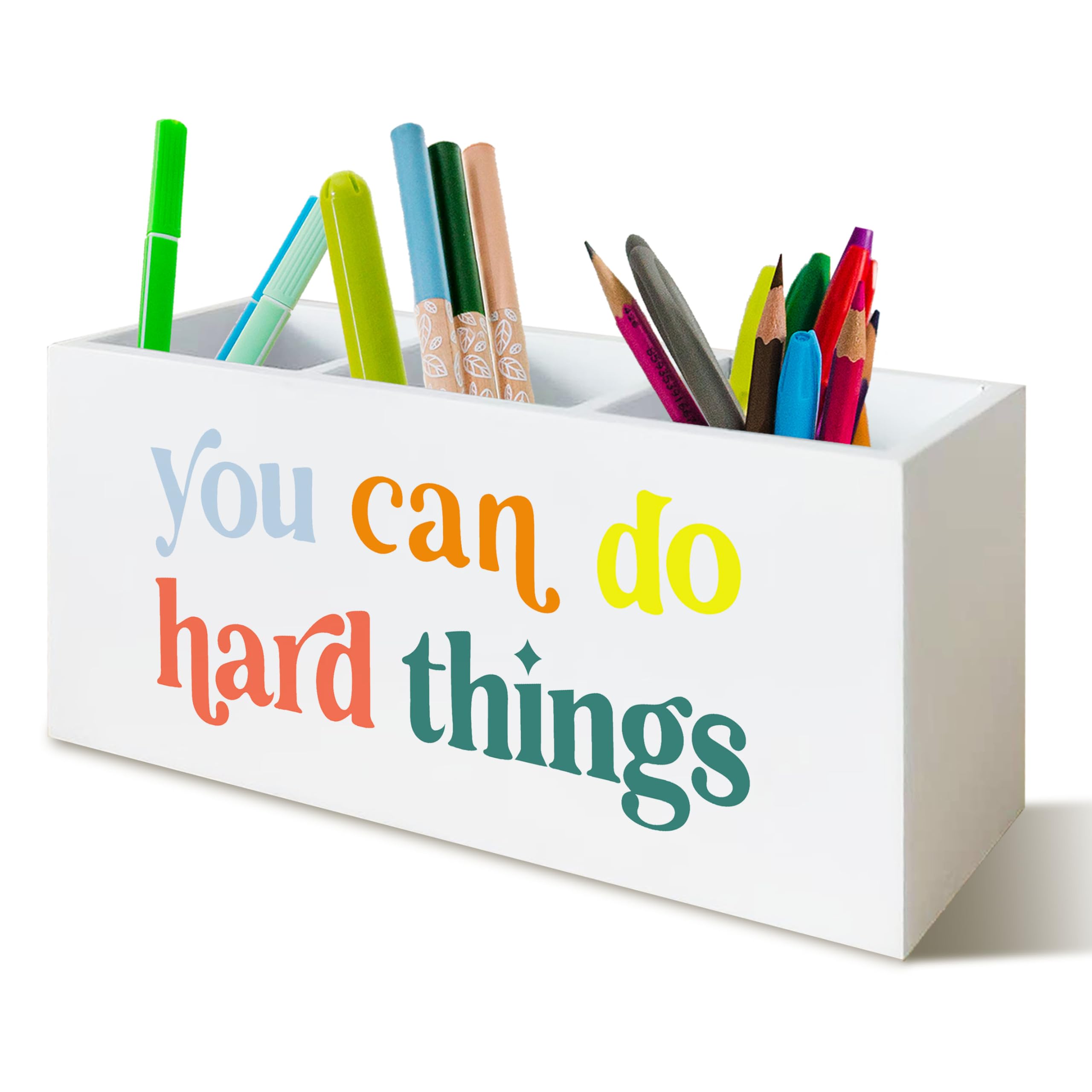 UNCDLV You Can Do Hard Things Desk Pen Holder, Inspirational Decor for Nursery School Psychologist Mental Health Therapy Office Desk, Positive Wooden