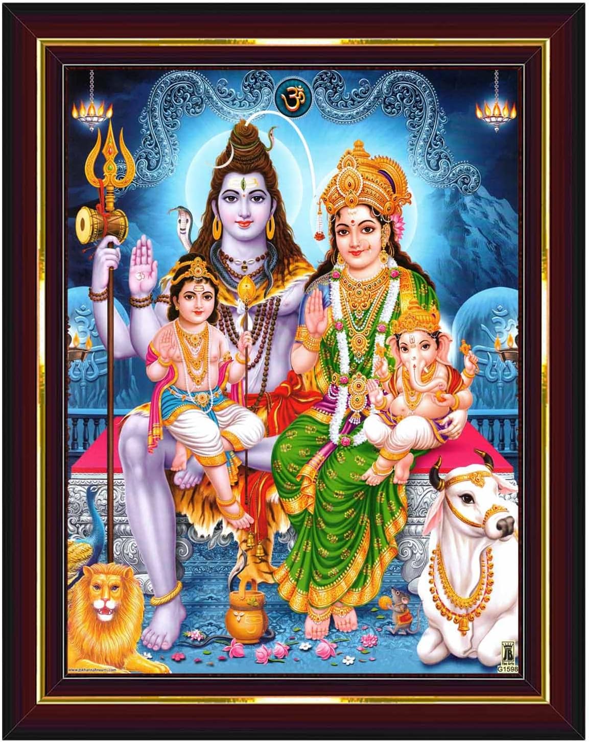 Shiv Parivar Family Siva Parvati Lord Shiva Wall Painting Framed Home Decor (Wood,Matte,Brown,Small Size,6 x 8 Inch) B1146S