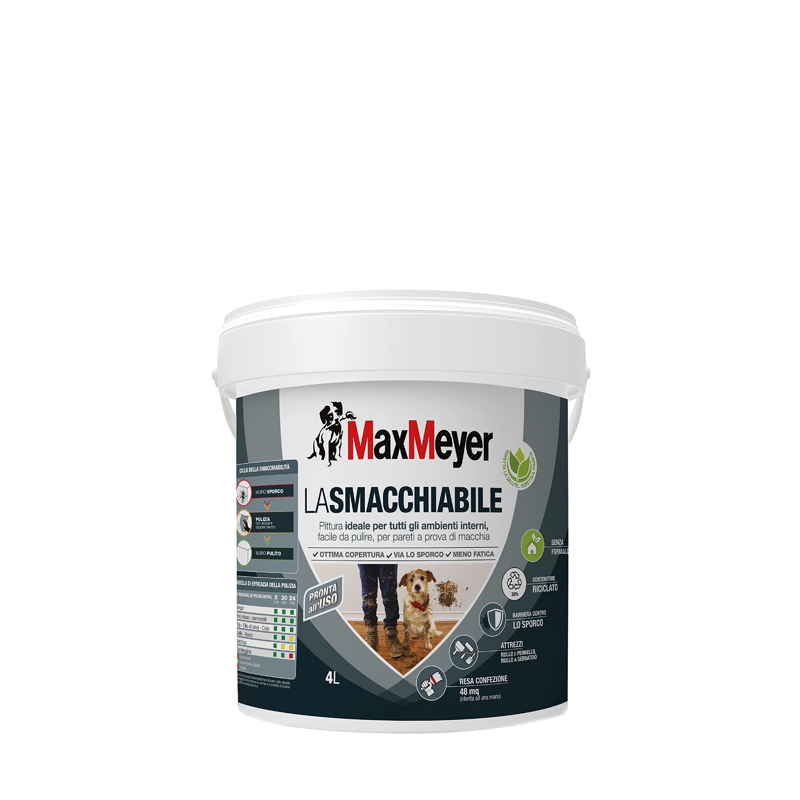MAXMEYER PITTURA MURALE PER INTERNI, PER PARETI SENZA MACCHIE, LA SMACCHIABILE BIANCA 4 L