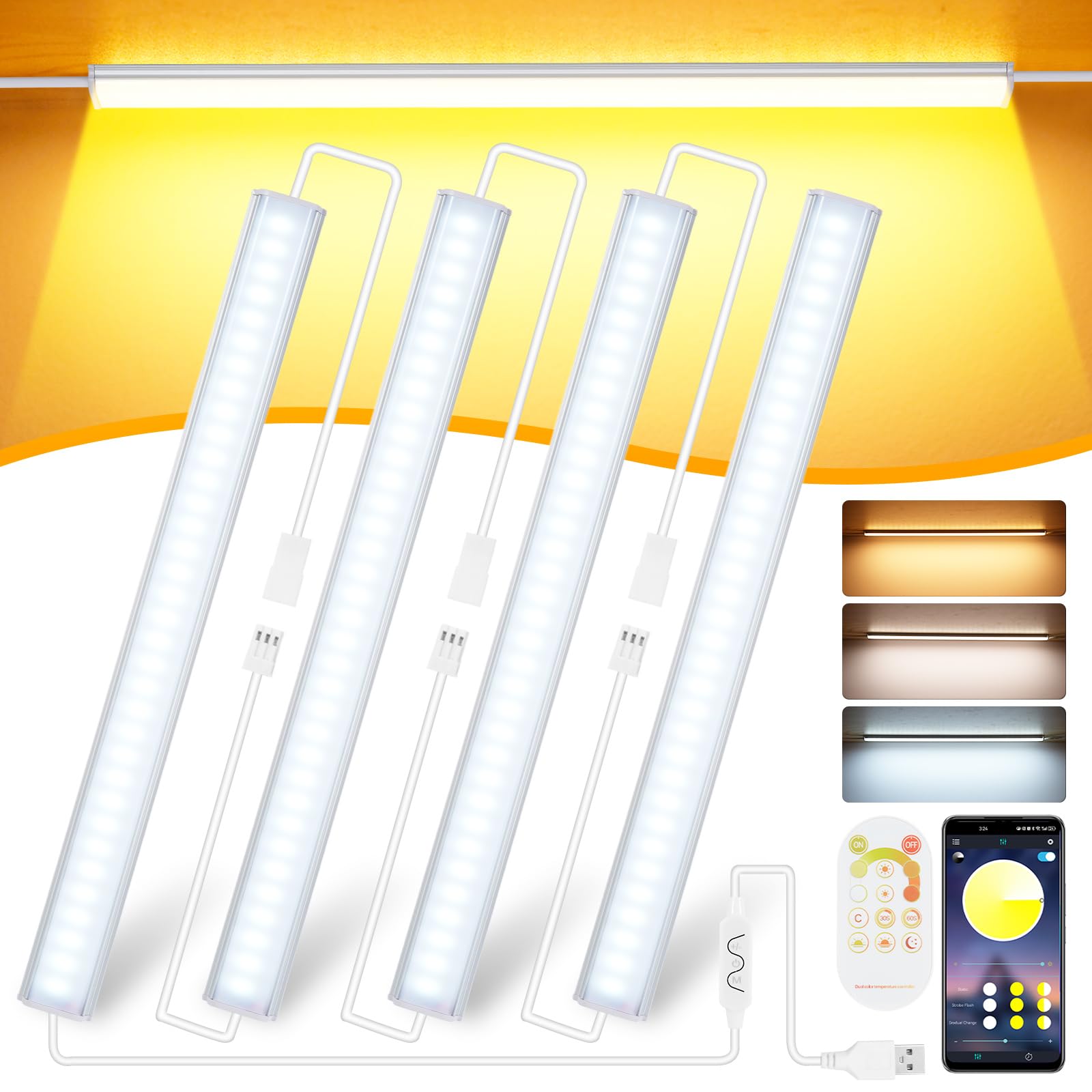 Lixida Lampe d’Armoire LED 4 en 1 avec Contrôle par Câble/Télécommande 2.4G/APP, 4×34 LEDs, Réglable en Luminosité 3 Températures de Couleur, USB Plug & Play + Câble d’Extension de 1,2m pour Cuisine