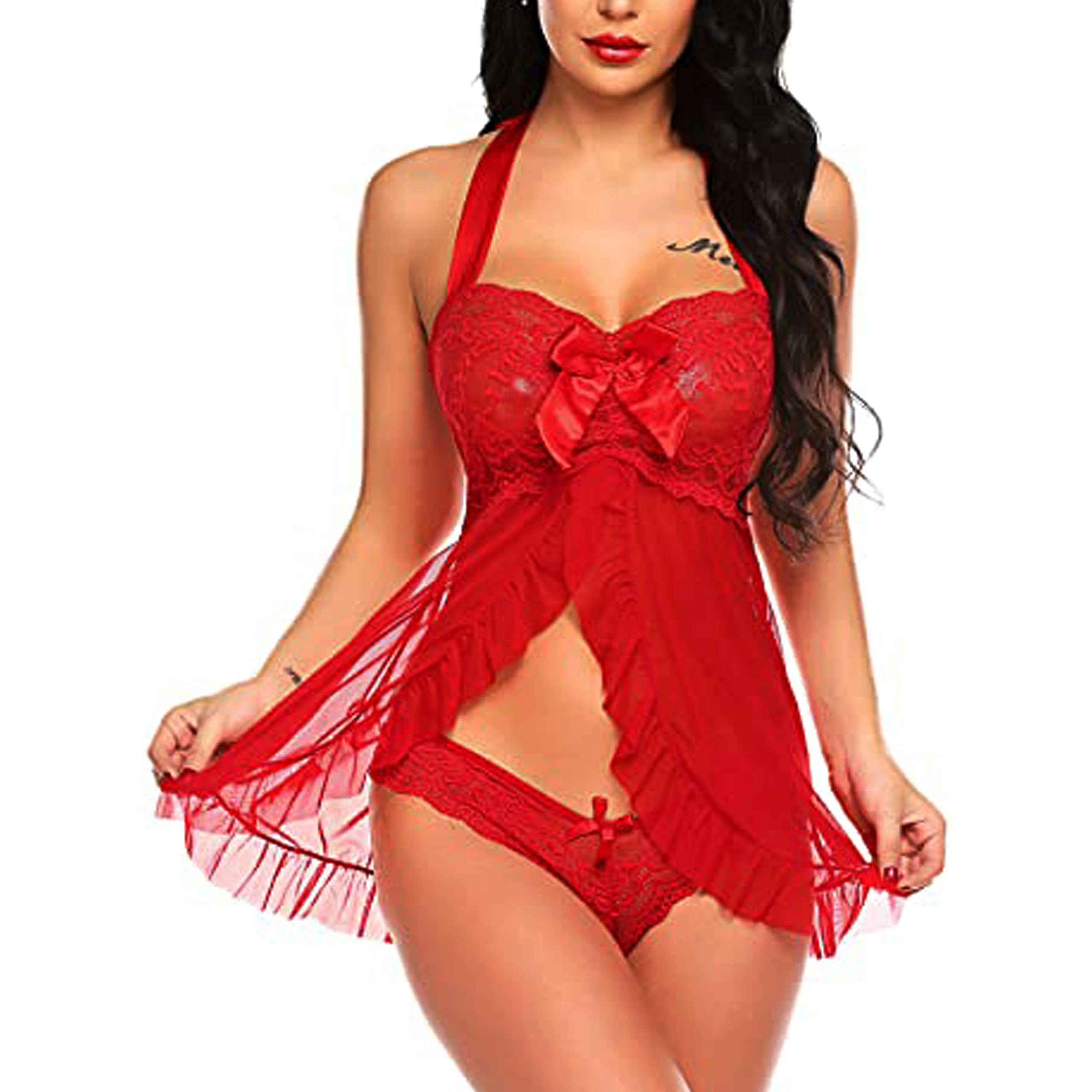 FihanaBabydoll Open Front Halter Neck Women Lace Lingerie Net Chemise with G-String S to 3XL