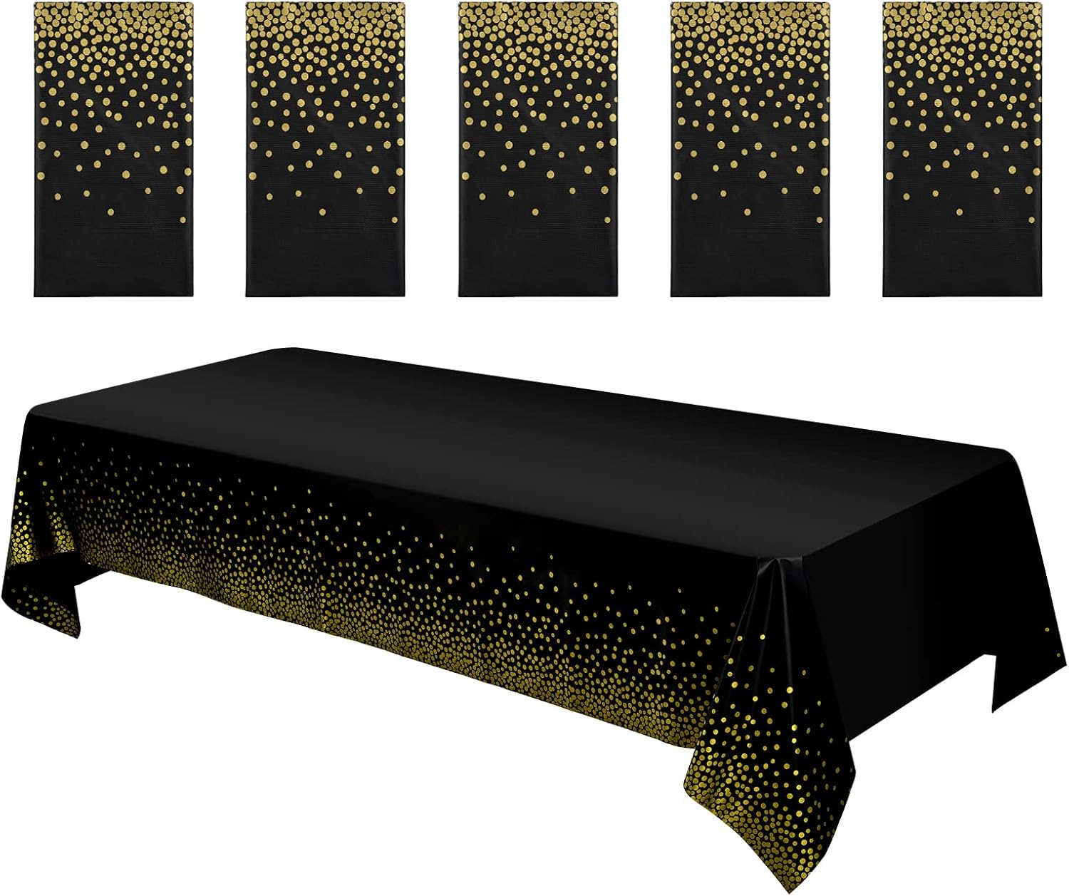 Teruntrue Juego de 5 manteles Desechables de Lunares Negros y Dorados, 137 x 274 cm, manteles de plástico rectangulares con Confeti de Lunares Dorados para cumpleaños, Fiestas, Picnic, graduación