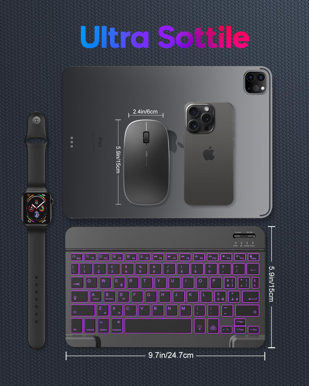 TECURS Kit Tastiera e Mouse Wireless Bluetooth per iPad Pro/Air/Mini | Retroilluminazione LED 7 Colori, Ricaricabile, Layout IT QWERTY, Ultra Sottile e Portatile, Struttura a Forbice Silenziosa