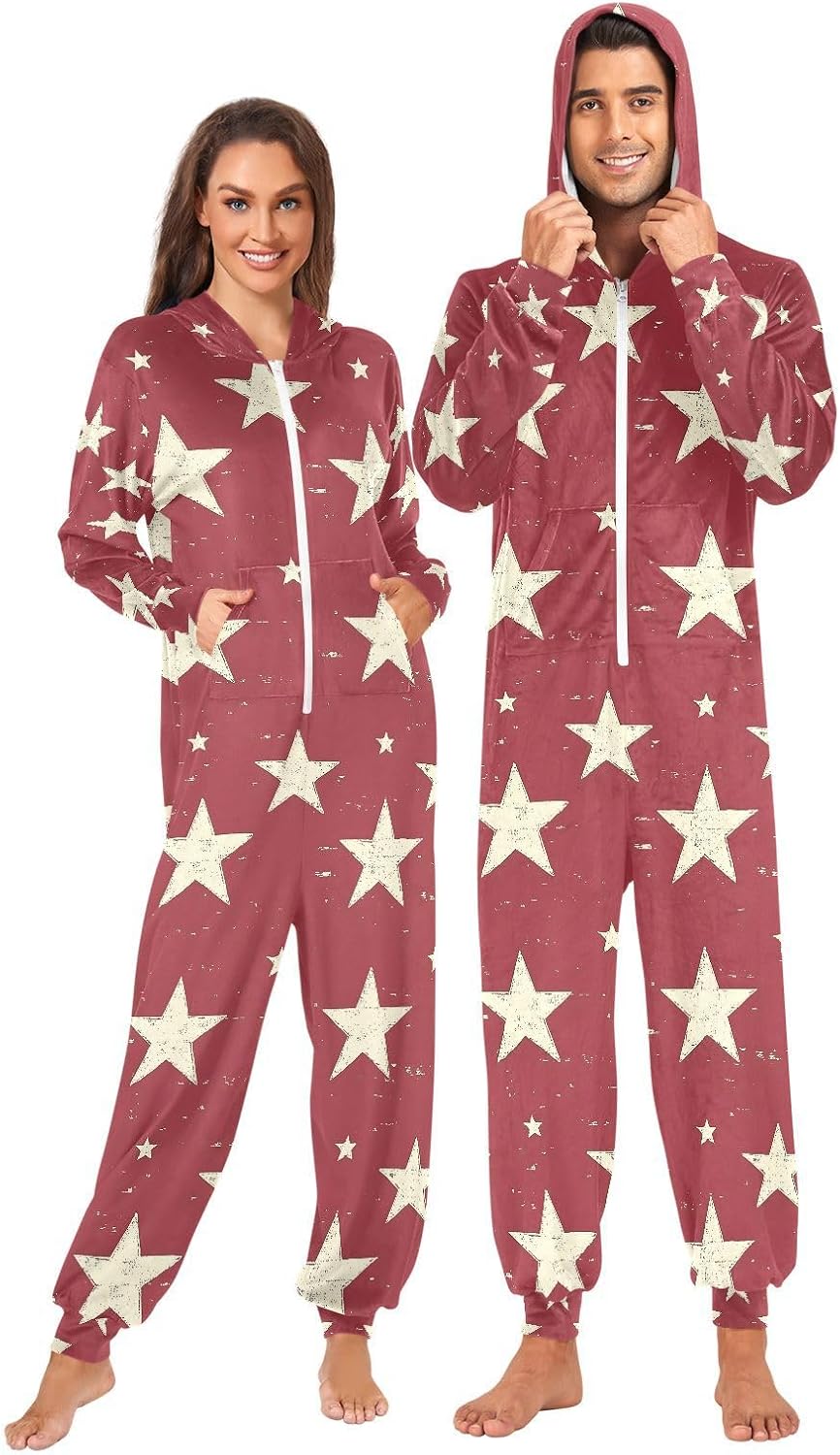 ALAZA Yellow Stars Red Pattern Adult Onesie Pajamas Novelty One Piece Costume Sleepwear Jumpsuits Matching PJS