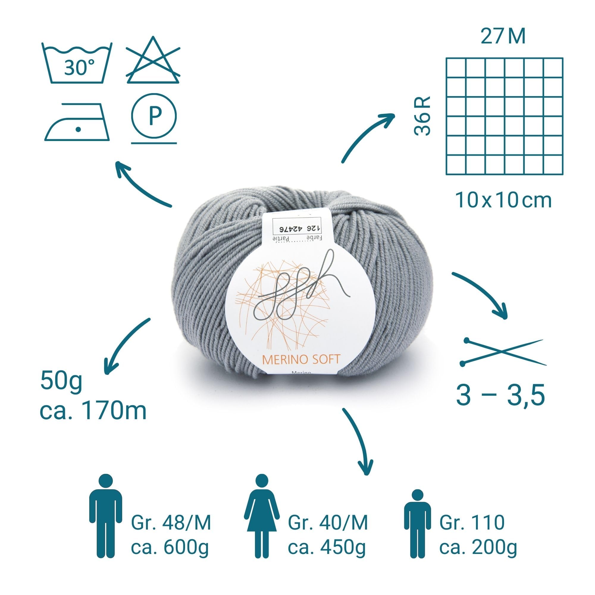 ggh Merino Soft Box - Ovillo de lana merino para tejer, 6 x 50 g (total 300 g), 170 m/50 g, color 126, gris medio