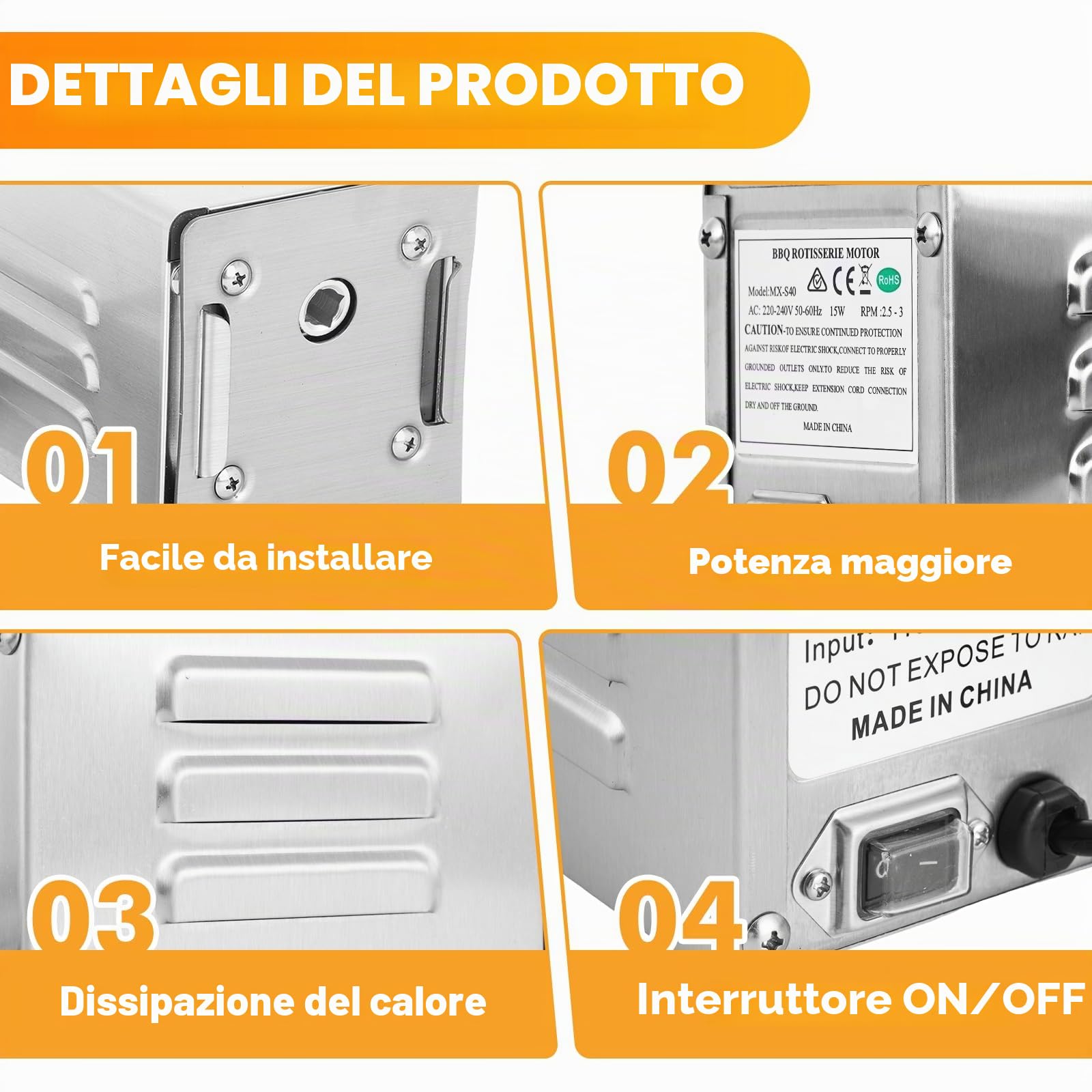 YJINGRUI Motore in Acciaio Inox per girarrosto, 15W 40 kg, Motore girarrosto per Grigliare Pollo, Maiale, Kebab (220V AC)