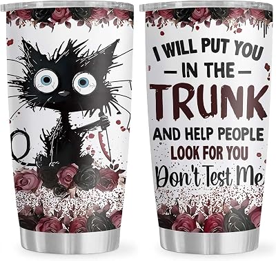 Crazy Cat Tumbler with Lid, 20 oz Stainless Steel Vacuum Insulated Put You in The Trunk Mug, Funny Gifts for Cat Lover Women Men, Black Kitty Gifts for Birthday Halloween Christmas