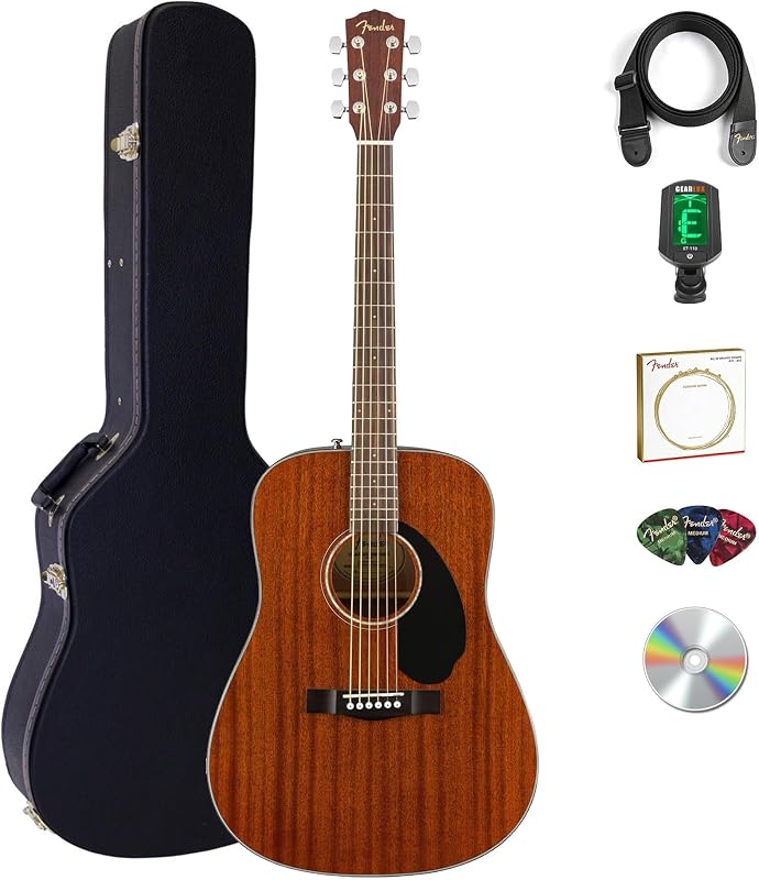 Guitarra acústica CD-60S Solid Top Dreadnought - Paquete totalmente de caoba con estuche rígido, afinador, correa, cuerdas, púas y DVD instructivo de Austin Bazaar