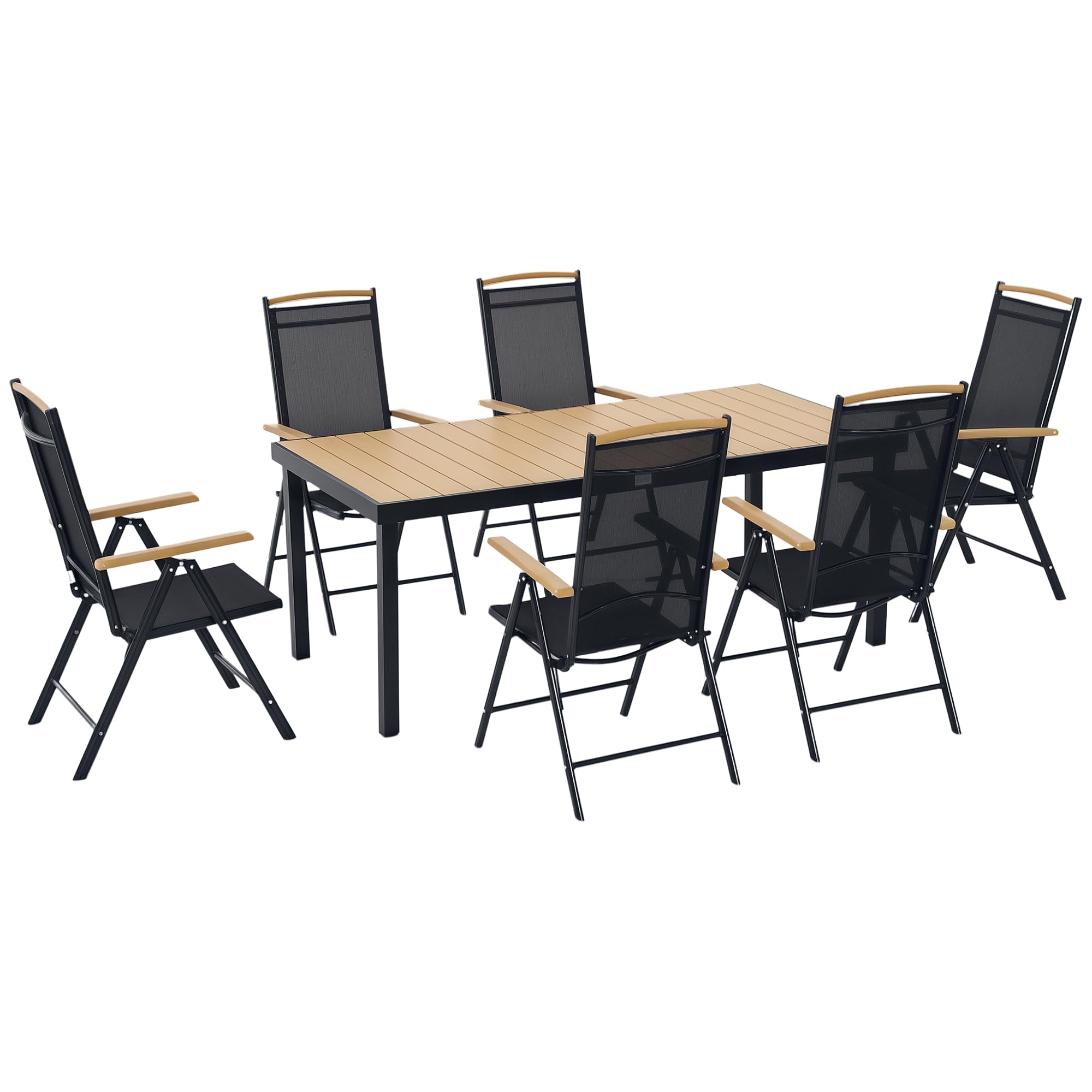 Outsunny Set Tavolo da Giardino 7 Pezzi, Sedie Pieghevoli Regolabili Alluminio Textilene Nero