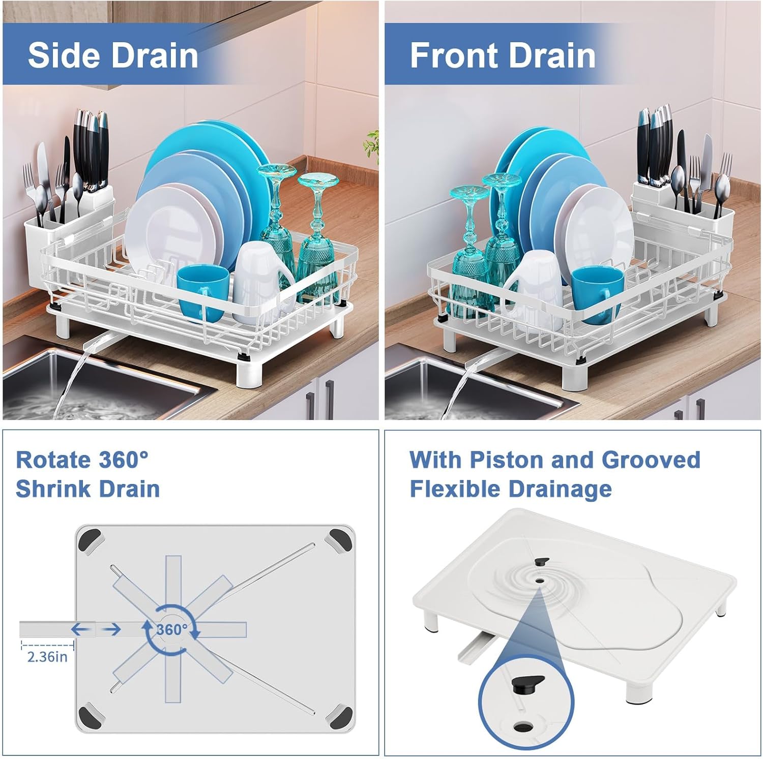 MOUKABAL Dish Drying Rack, Dish Rack,Dish Racks for Kitchen Counter,Dish Drainer with Removable Utensil Holder,Drainboard and Swivel Spout(Black,White,Metal)