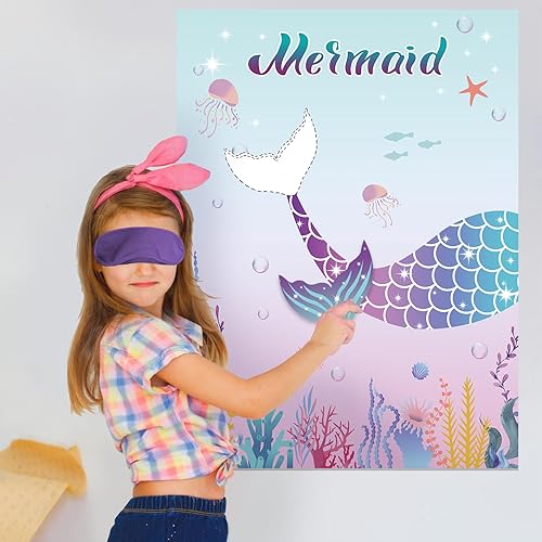 Miniatura 5 de Pin The Tail on The Mermaid - Juego de fiesta con 24 colas para niños y niñas, cumpleaños de 21 x 28 pulgadas (sirena)