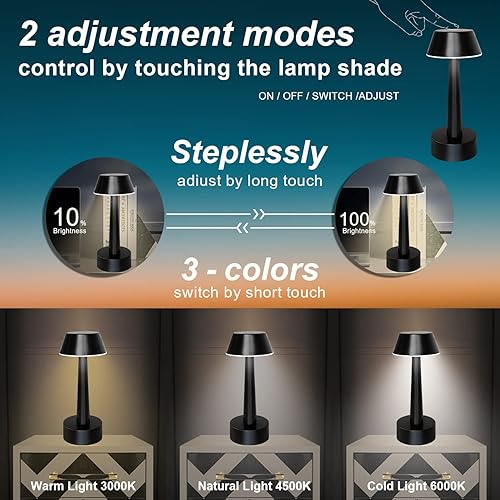 Miniatura 3 de Egobasic Lámpara de mesa pequeña recargable inalámbrica portátil, funciona con pilas, táctil, de 3 vías, regulable, de metal, para dormitorio,
