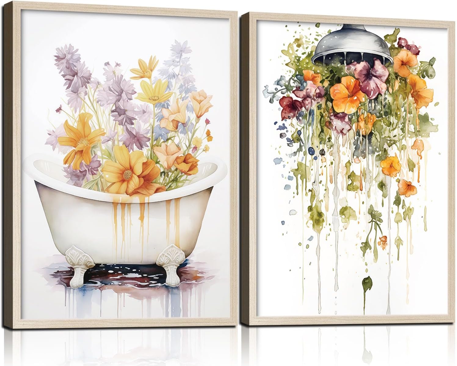 2Pcs Framed Bathtub and Shower Flower Canvas Wall Art Modern Gallery Prints Bathroom Wall Decor Pictures Floral Poster Artwork Living Room Bathroom Apartment 12X16 Inch Ready to Hang