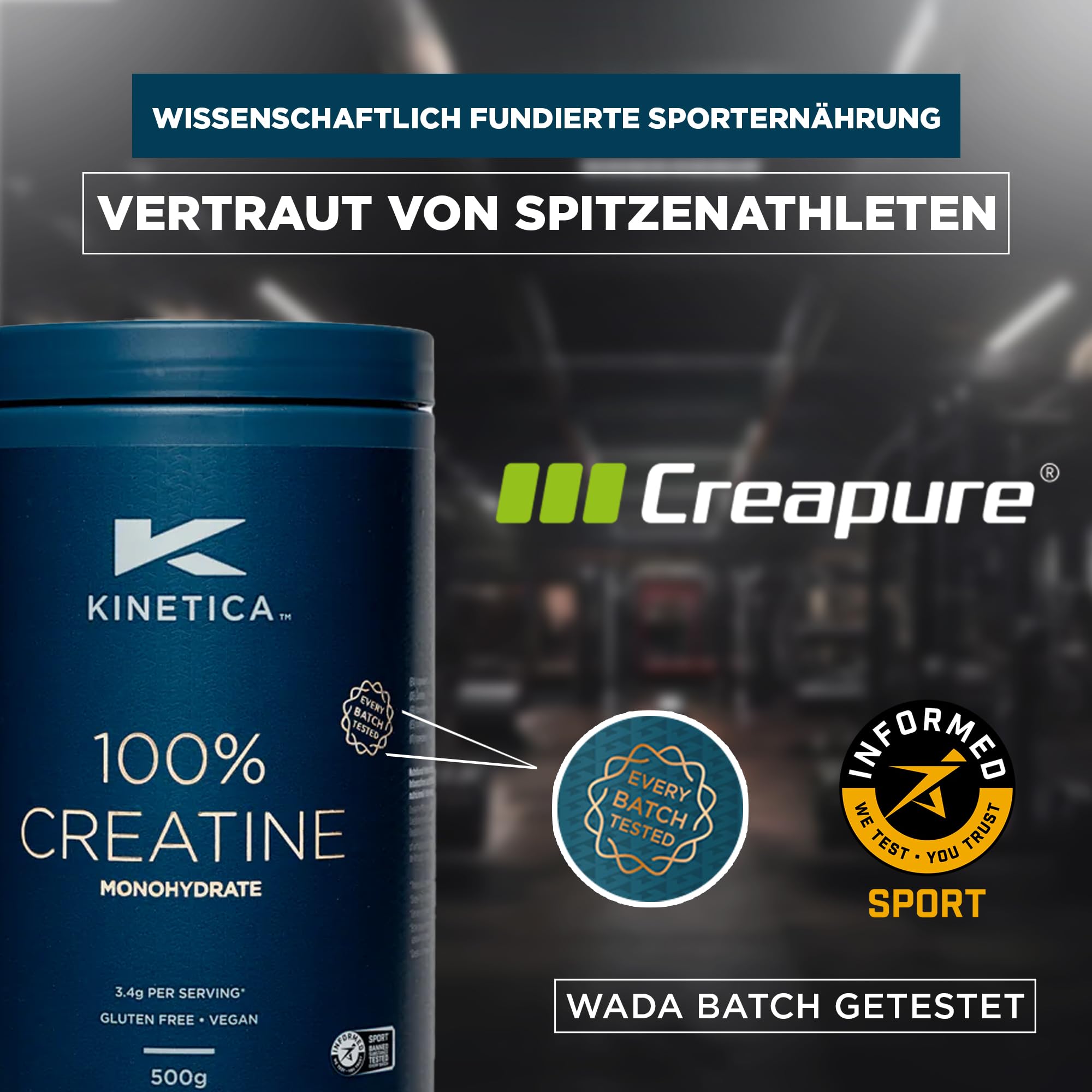 Kinetica Sports Creapure® 100% Kreatin Monohydrat Pulver - Geschmacksneutral | 3.4g Kreatin/Portion, 147 Portionen/500g Packung | Vegan & Glutenfrei | Unterstützt Leistungsfähigkeit & Muskelkraft