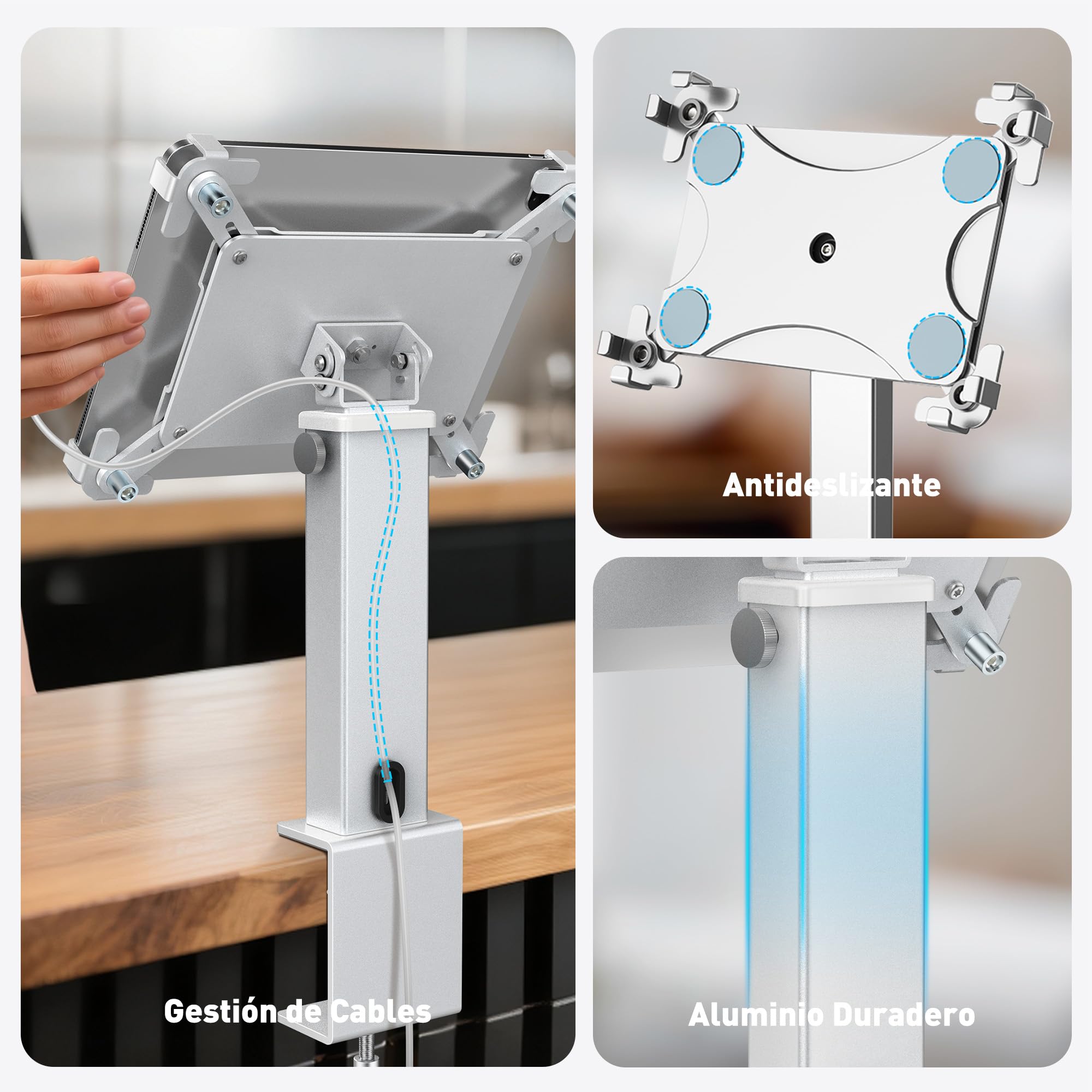 AboveTEK Soporte de escritorio para iPad, ajustable con rotación de 360° e inclinación de 180°, compatible con tabletas de 9.7" a 13", antirrobo, de aluminio resistente, ideal para el trabajo-Plateado
