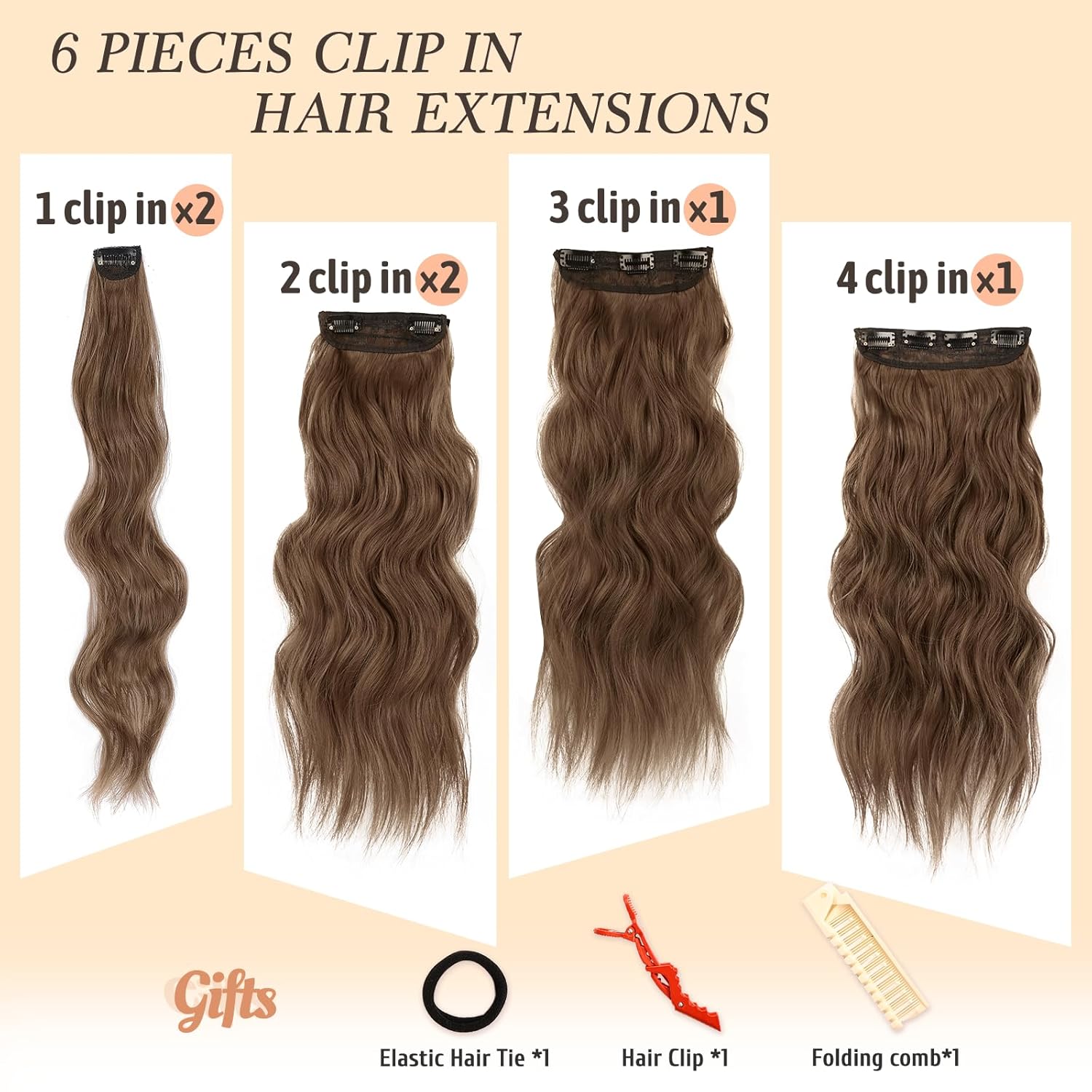 NAYOO Clip in Hair Extensions for Women 20 Inch Long Wavy Curly Chestnut Brown Hairpieces Full Head Synthetic Hair Hairpieces(6PCS,Chestnut Brown)