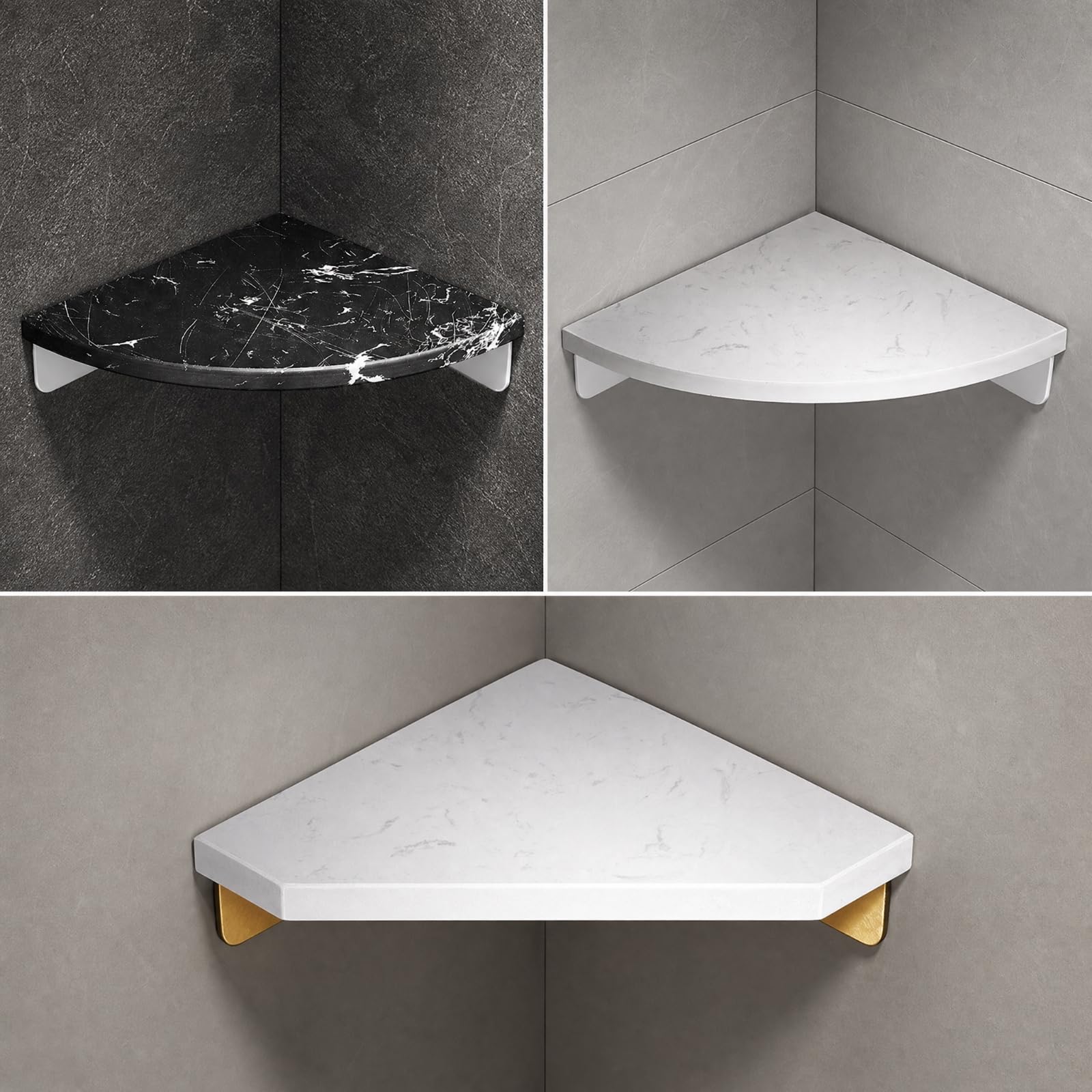 Ronyme Mensola Angolare da Bagno a senza Foratura Mensola Angolare con Superficie Effetto Marmo Facile da Pulire Scaffale per Appartamento, Ventaglio