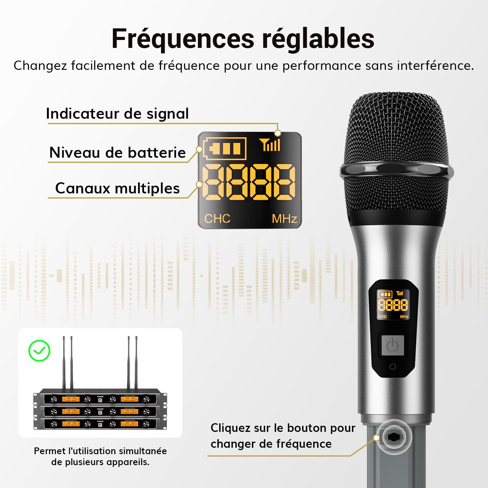 TONOR Système de Micros sans Fil avec 4x5 Canaux, Microphones à Main sans Fil en Métal, 4 Antennes pour Une Portée de 90m UHF, Signal Stable pour Le Chant, la Fête, l'église, Le Karaoké, Argent