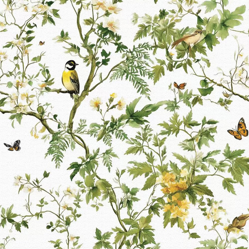 Papel Pintado Flores y Pajaros, 44 x 1000 cm Papel Adhesivo Diseño Verde Fresco de Flores y Pájaros Ramas Mariposas Plantas Boho Vinilo Adhesivo para Muebles,Libreria,Sala de Estar, Dormitorio,Baño