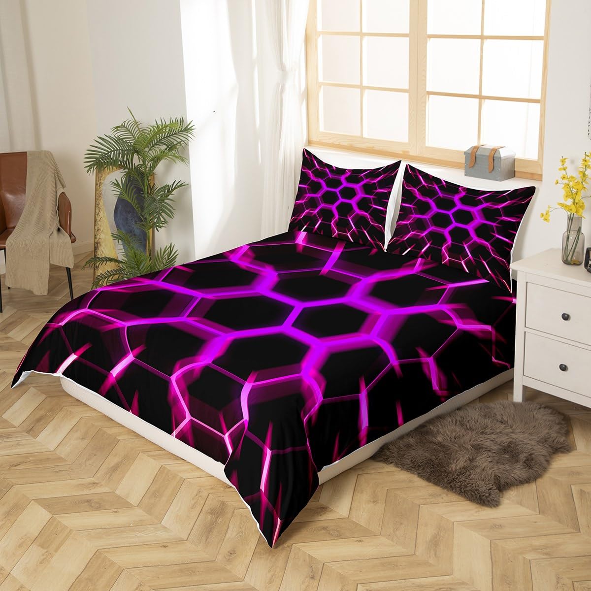 Honeycomb Duvet Cover King Black Purple 3D Geometric Beehive Hexagon Bedding Set Gamer Room Decor for Boys Girls Kids,Neon Light Geometrical Honeycomb Comforter Cover Glowing Hexagonal Bed Set - Image 2
