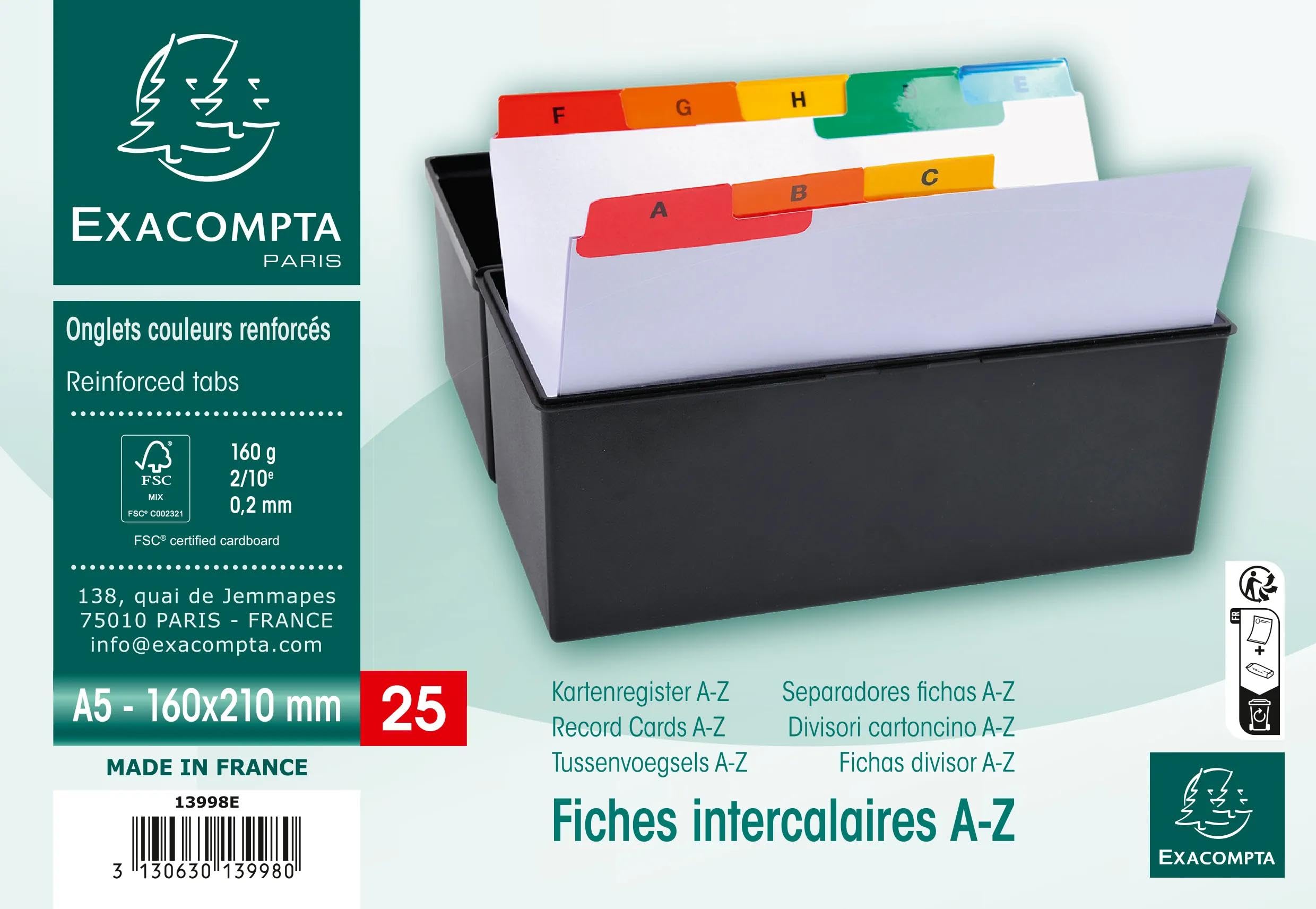 Exacompta - Rif. 13998E - Cartoncino con 10 divisori alfabetici stampati dalla A alla Z in carta bianca per cartelle formato A5-25 tasti, per classificazione di spine orizzontali, formato 160 x 210 mm