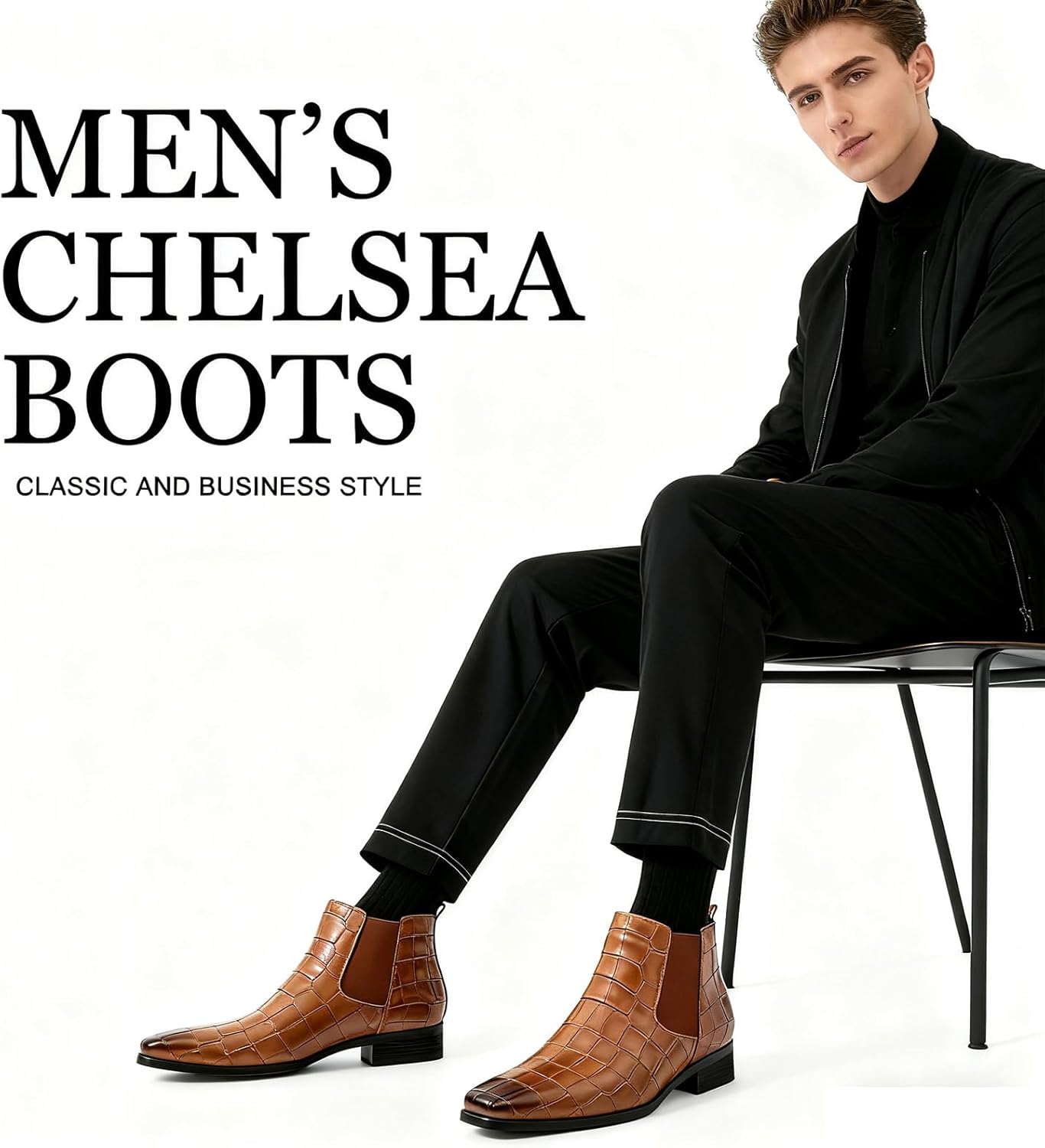 Fashion Chelsea Boots for Men's Leather Print Pointed Toe Slip-On Low Chunky Heel Retro Dress Business Chukka Ankle Oxford Boots for Formal Wedding Party Causal Work