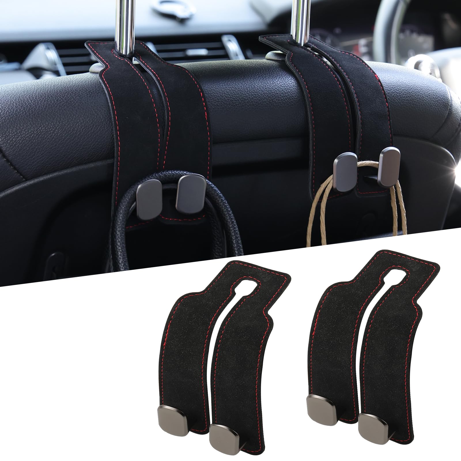 KINIVA Car Seat Headrest Storage Hooks Set of 2 Suede PU Leather Double Hooks Black