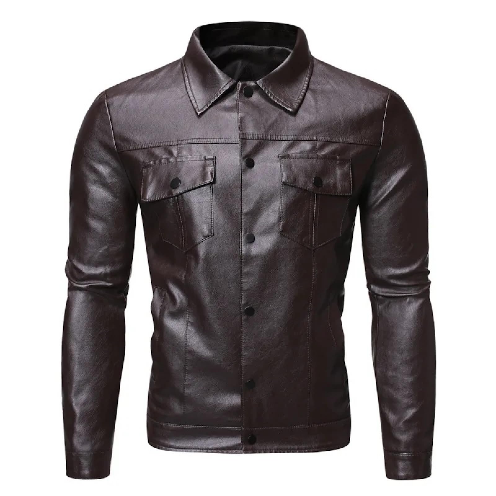 ORDOBO Chaqueta De Cuero Para Hombre - Chaqueta De Cuero Estilo Motero Ajustada Con Solapa De Un Solo Pecho Con Bolsillo Resistente Al Viento Color Liso Para Otoño E Invierno