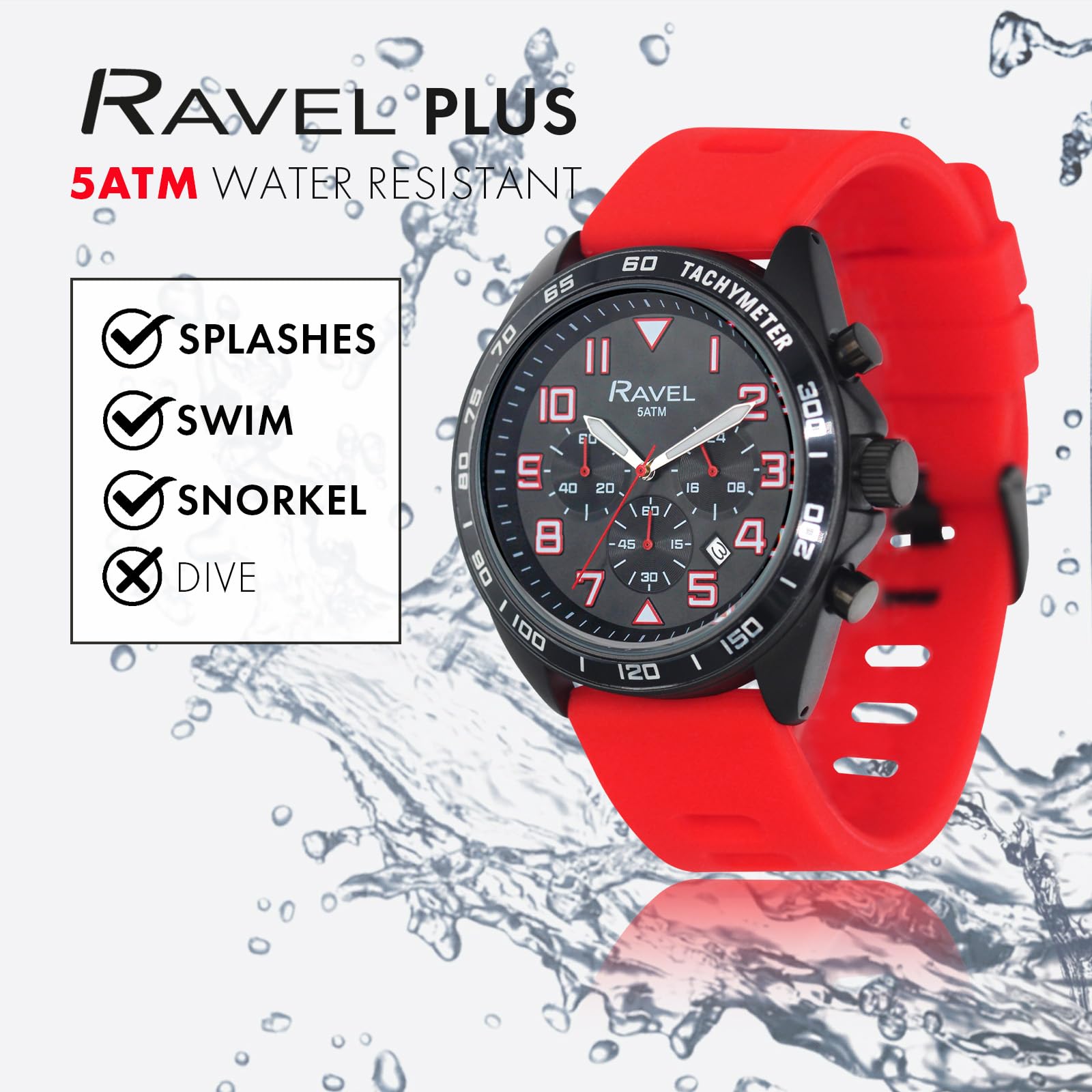 Ravel Plus - Montre de Sport pour Hommes (46 mm) Chronographe Noir, Bracelet en Silicone - Quartz Analogique Japonais - RP.CHR.01-04M