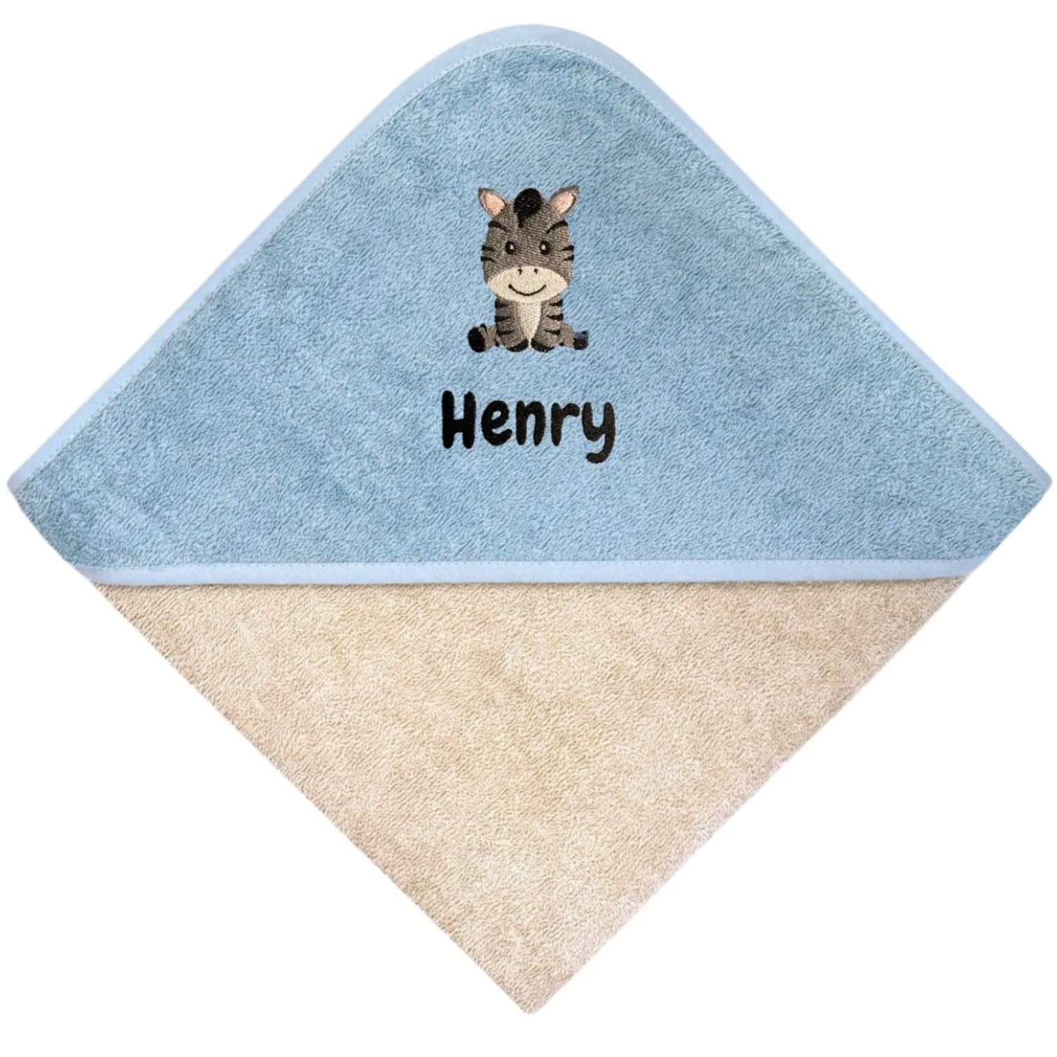 Wolimbo Kapuzenhandtuch personalisiert mit Namen und Motiv - Greige stahlblau - 100x100cm - für Baby und Kinder Babyhandtuch/Kinderhandtuch/Badetuch