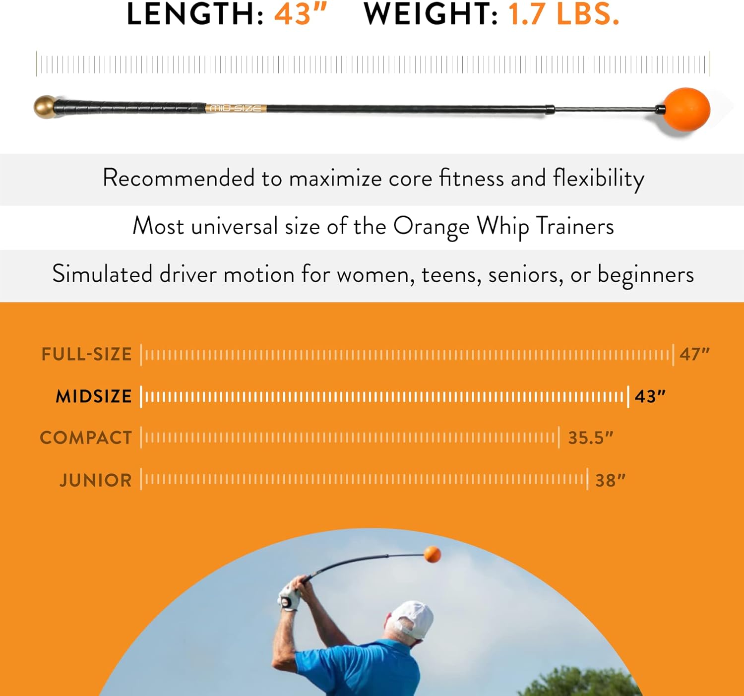 Orange Whip Golf Swing Trainer Aid Patented & Made in USA for Improved Rhythm, Flexibility, Balance, Tempo, and Strength *American Made*
