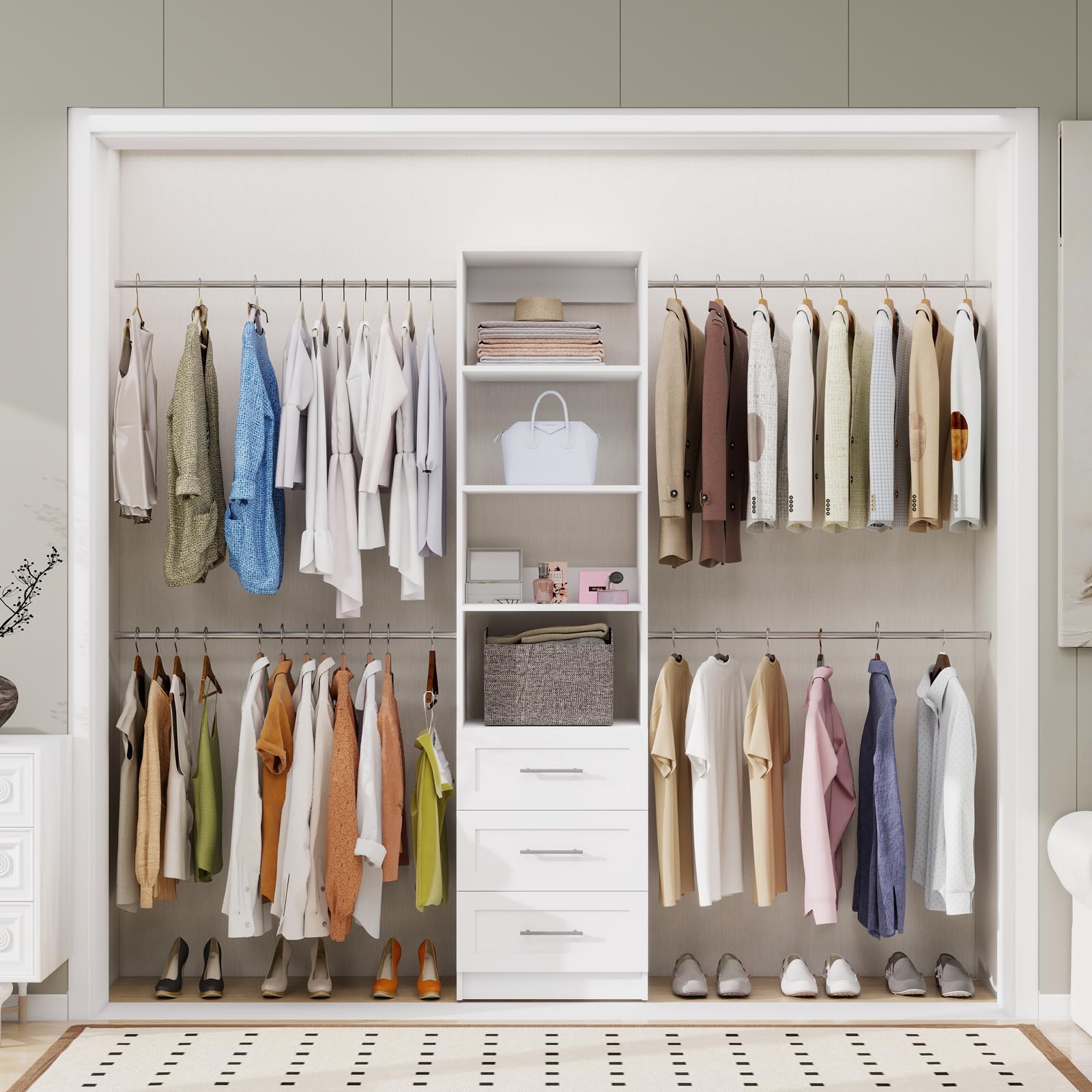 Morning Tree Closet Organizer SyStem with Drawers, 4-8FT Walk-In Closet System with 4 Expandable Hanging Rods, 4 Shelves, Closet Systems for Walk-In Closets, Wall Mount Closet Storage System White