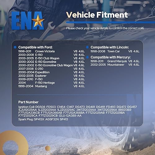 Miniatura 8 de ENA Paquete de 8 bobinas de encendido y bujía compatibles con Mercury Ford Mustang Crown Victoria E150 E250 Expedition Explorer F150 Navigator Town