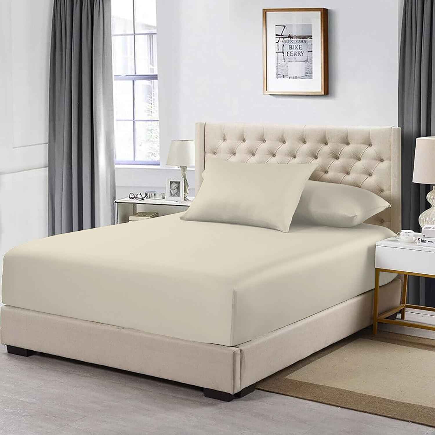 200 Thread Count 100% Egyptian Cotton Fitted Sheet – 30 CM Deep Pocket, Soft, Durable, Breathable Bed Sheet for Thick Mattresses (Cream, King)
