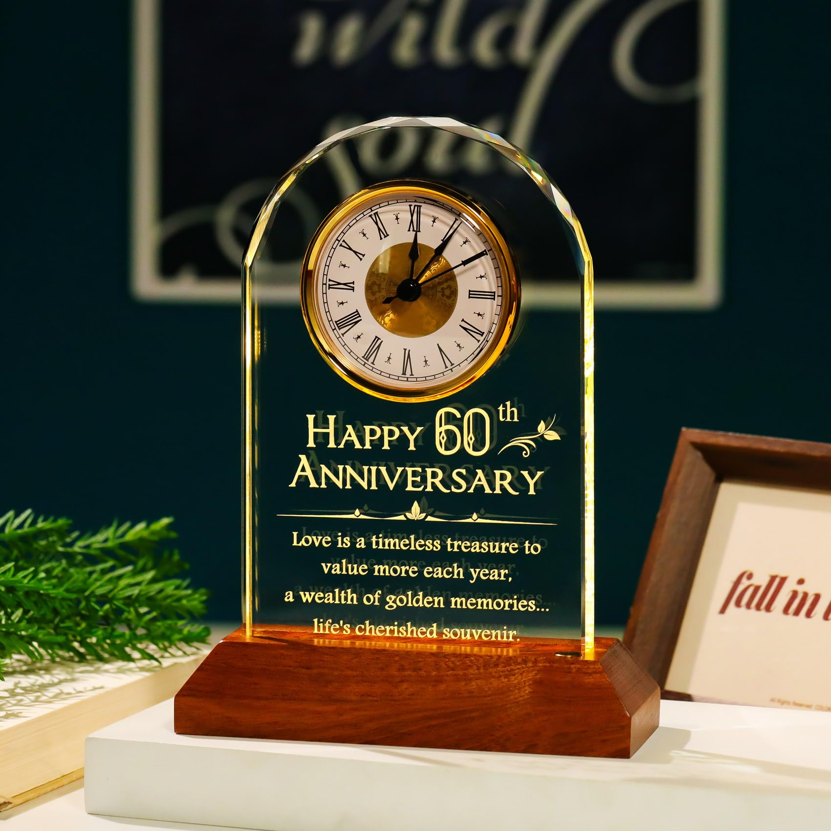 YWHL 60th Wedding Anniversary Clock Gifts for Parents Grandparents, 60 Years Anniversary Couple Gift, Table Clock Glass Presents with Wooden Light Base for Home Decoration (Battery not Included)