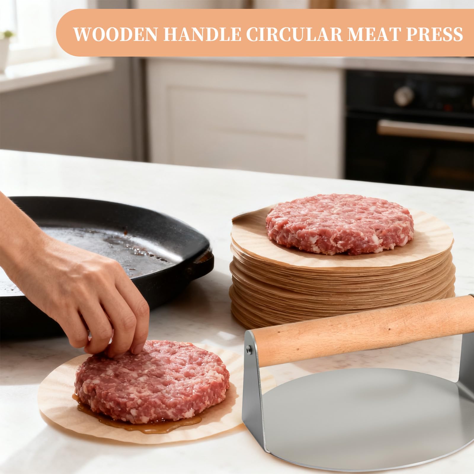 Set Stampo per Hamburger, Pressa per Carne 16 cm + 200 Fogli Separatore di Carne 16 cm, Strumenti di Cucina Essenziali