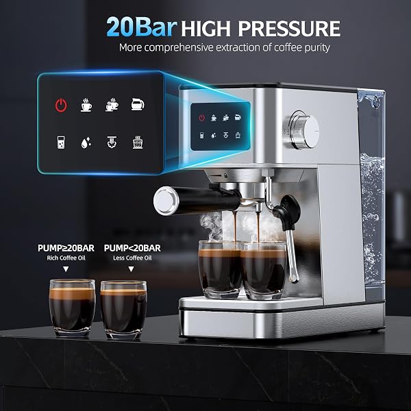 20 Bar Espresso Machine with Milk Frother, Stainless Steel Coffee Maker with Touch Screen & Cold Brew, 45s Fast Heat Small Cappuccino & Latte Machine with 57.5oz Removable Water Tank for Home, Silver - 2