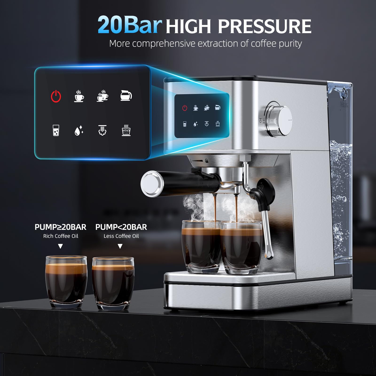 20 Bar Espresso Machine with Milk Frother, Stainless Steel Coffee Maker with Touch Screen & Cold Brew, 45s Fast Heat Small Cappuccino & Latte Machine with 57.5oz Removable Water Tank for Home, Silver — view 2