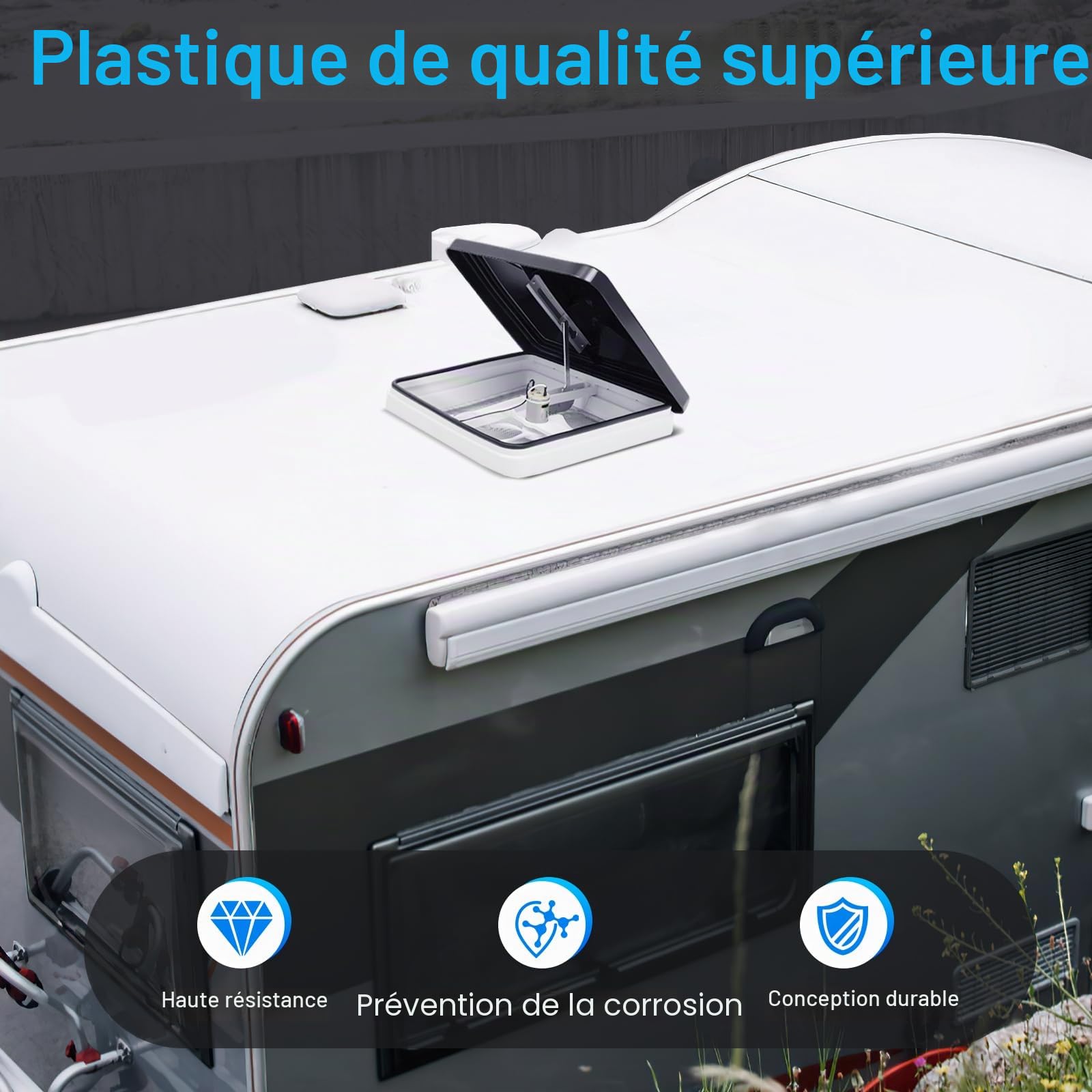Fenêtre de toit pour caravane - 42 x 42 cm, lucarne de toit Avec brise-vue et ventilateur d'évacuation d'air, fenêtre de sortie de toit, SystèMe d’aération