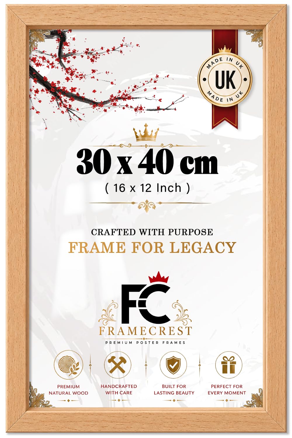 FRAMECREST LTD 40 X 30 CM Landscape Poster For Horizontal Display, Engineered Wood Picture Frame With MDF Back, Wall Mount For 16 X 12 Inch Prints, Minimalist Gallery Wall Style - [Beech]