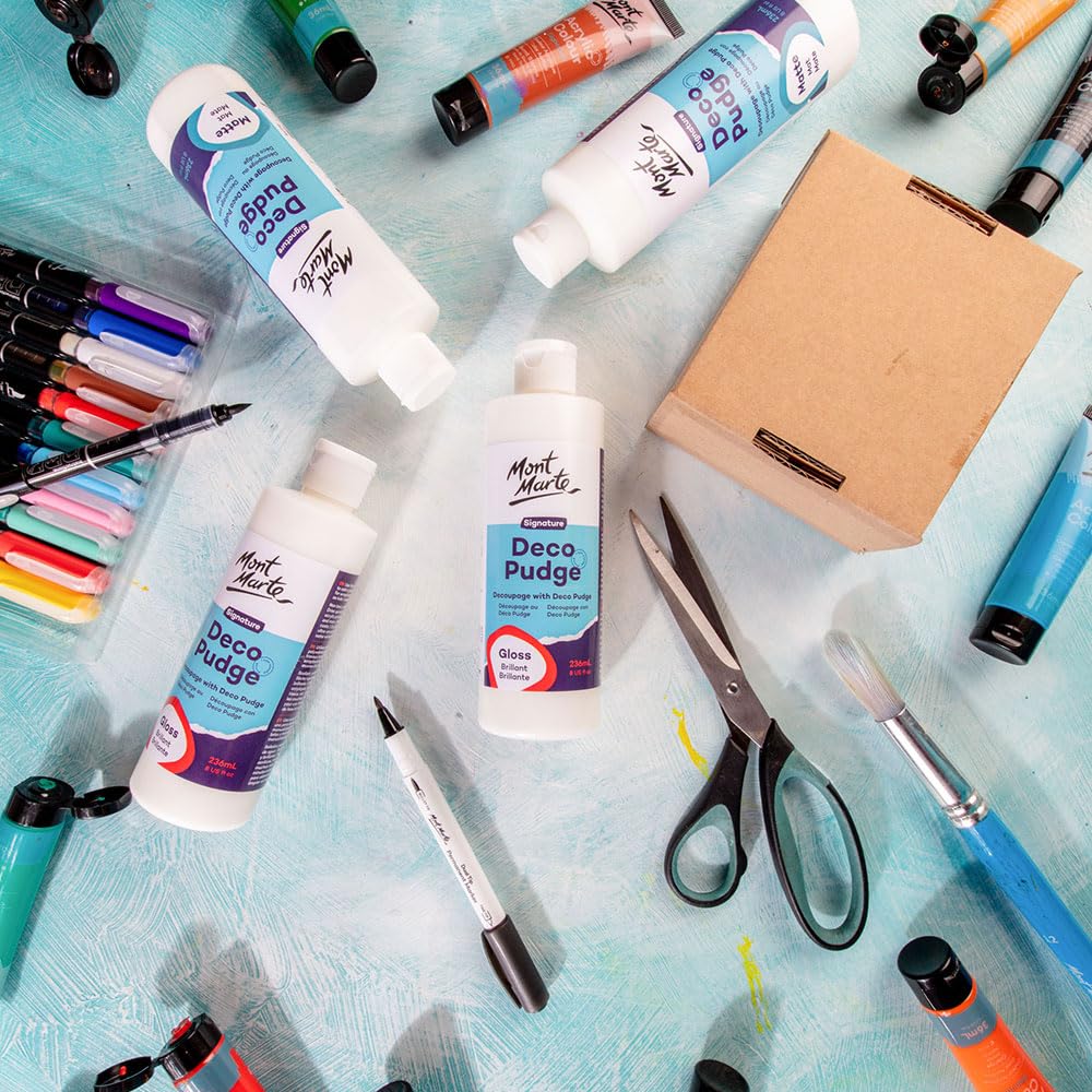 Mont Marte Deco Pudge Craft Varnish Signature 236ml (8 US fl.oz) – Gloss, Multi-Purpose Clear Craft Sealer, Varnish and Decoupage Glue, Ideal for Acrylic Paints, Paper, Wood, Ceramics, Fabrics, Clay