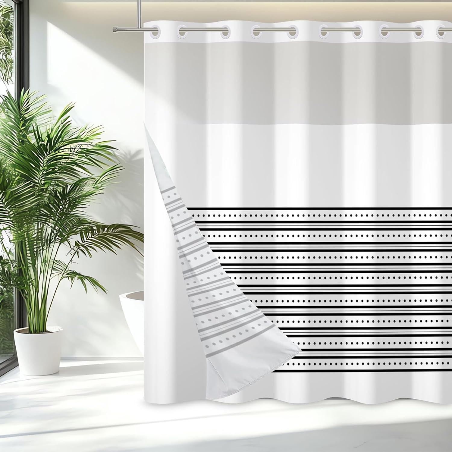 71x71 Inch Without Hook Striped Shower Curtain and Liner Set Black White Textured Snap in Shower Curtains for Bathroom Modern Trendy Polyester Cloth Bathroom Set