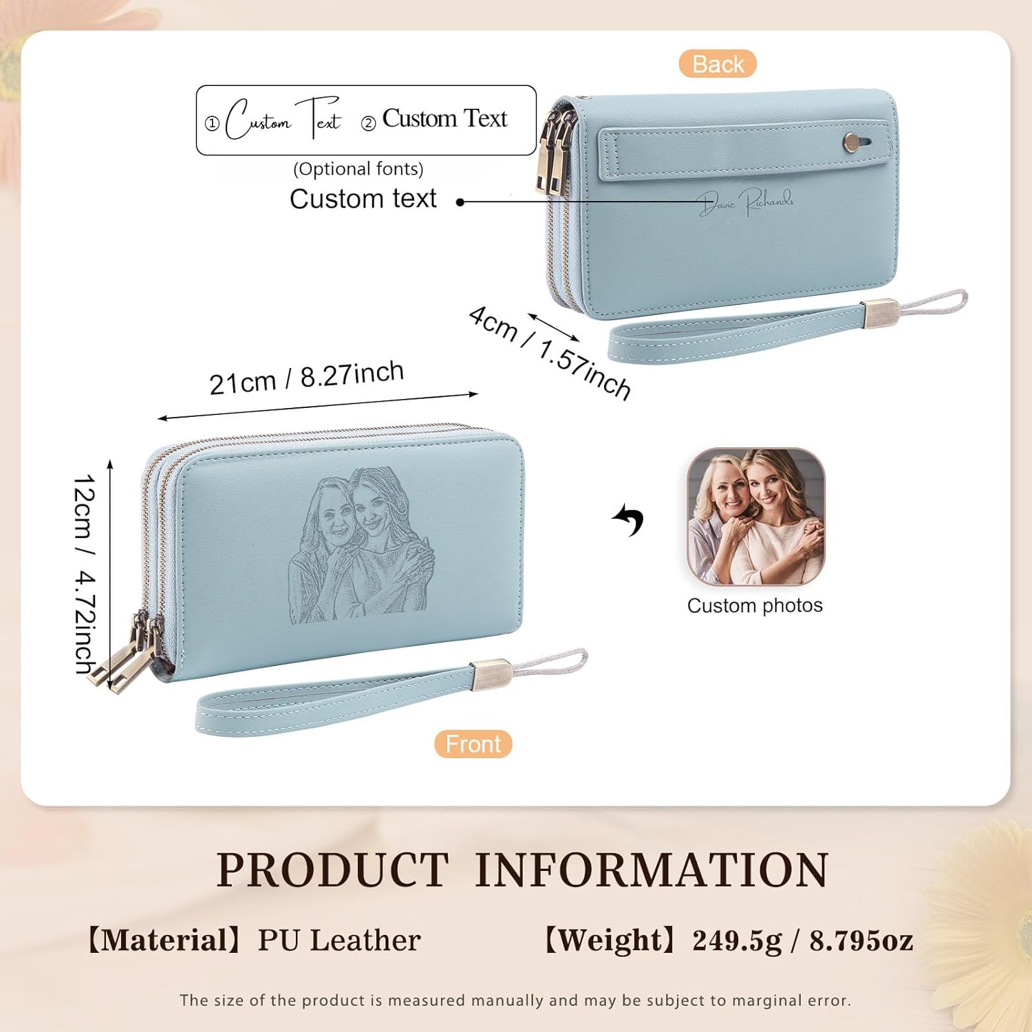 Personalized RFID Wallets for Women – Custom Name & Photo Leather Clutch, Double Zipper Large Capacity Wristlet, Mothers Day Wallet Gift for Mom Wife (BLUE) - Image 2