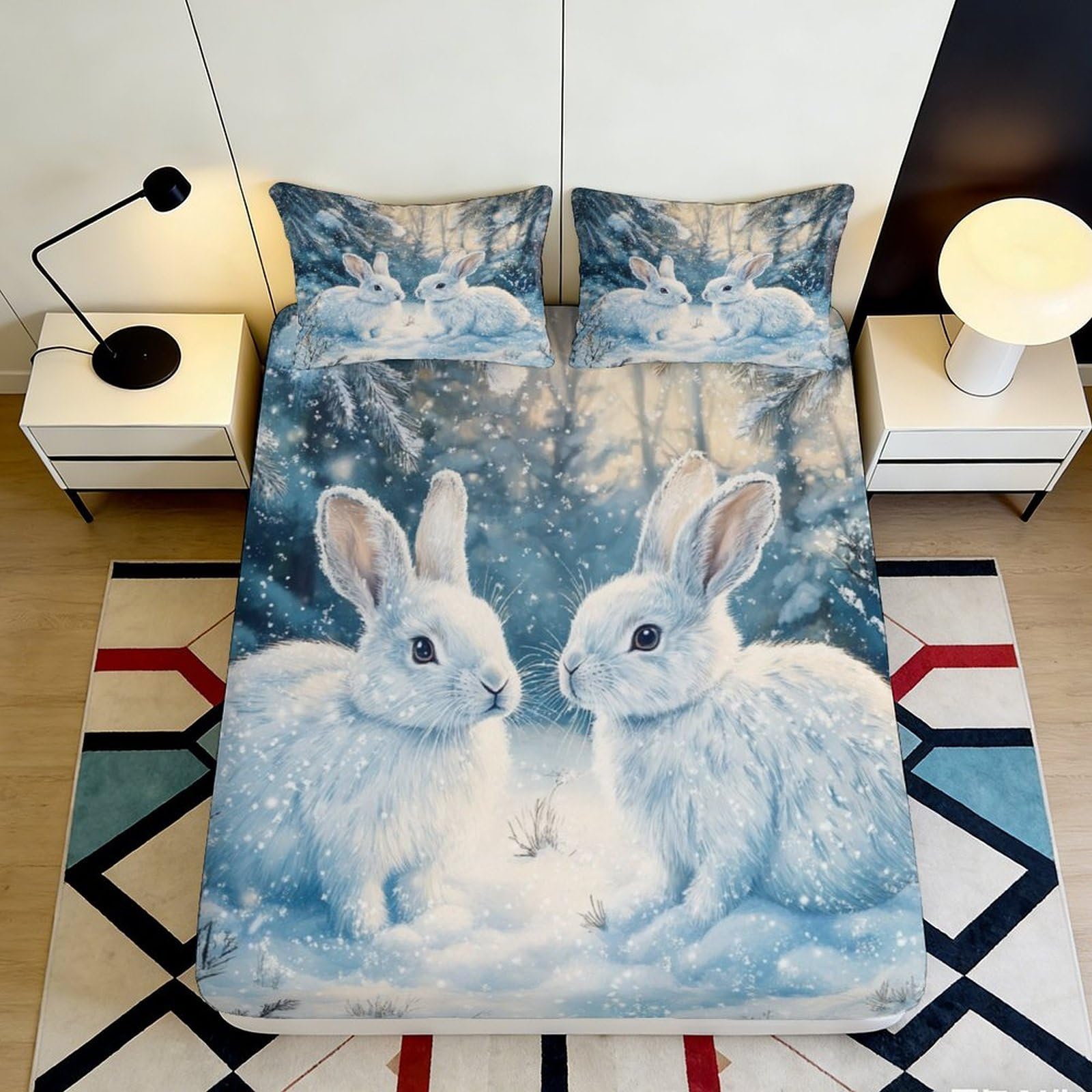 3D Printed Winter Rabbit Fitted Sheet Microfiber Soft Durable Snow Scene Bed Cover for Bedroom Dormitory Guest Room Mattress Protection Decoration 120x200x25cm
