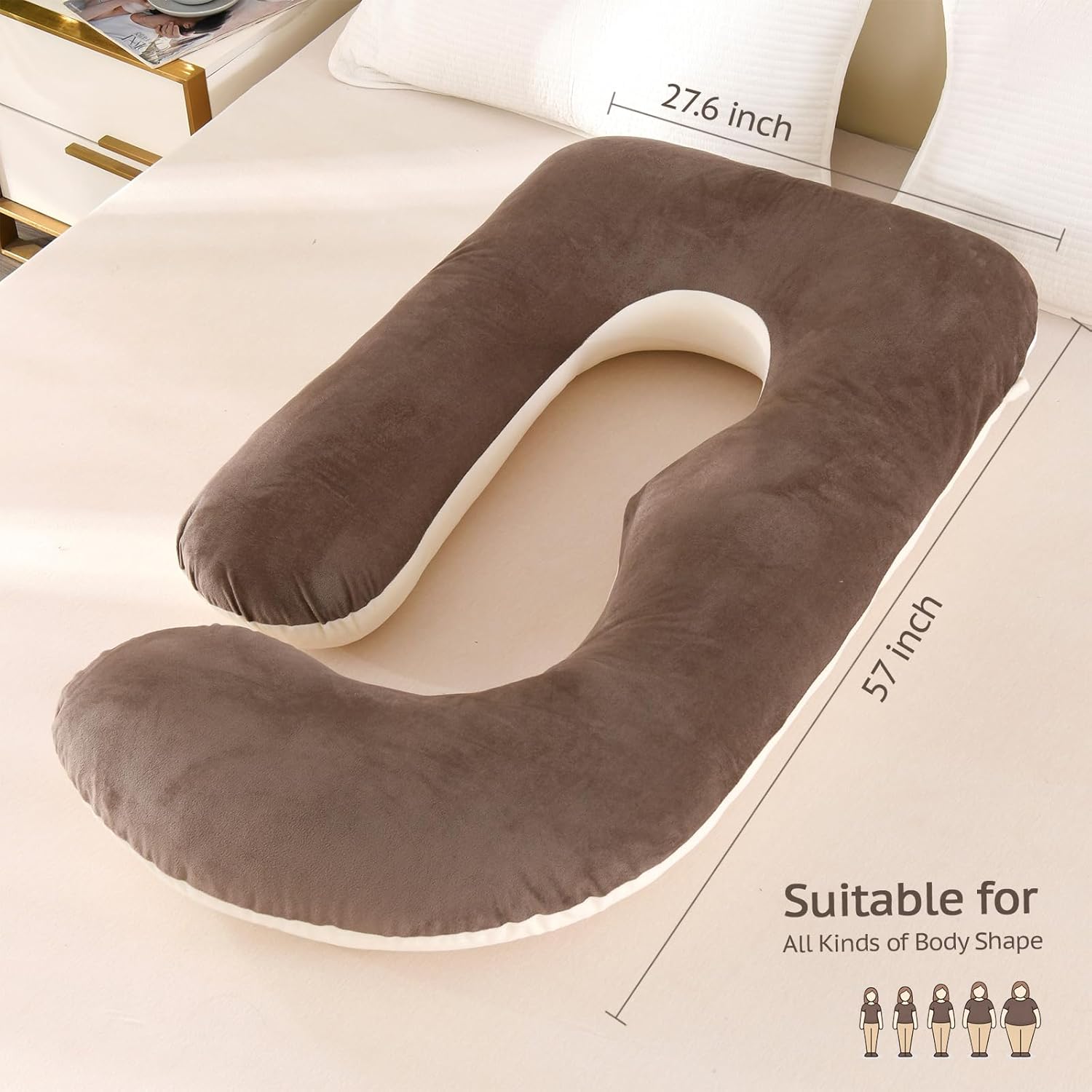 Pregnancy Pillows for Sleeping, 57-inch U Shaped Full Body Maternity Pillow with Removable Washable Cover - Support for Back, Belly, Hips, Legs for Pregnant Women, Khaki Brown Velvet