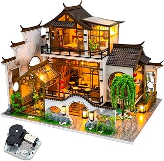 HJBHDOLL Kit de caja de música de casa de muñecas estilo chino, casa de muñecas, modelo de casa en miniatura montado con luces LED funcionales, regalo de cumpleaños y Año Nuevo (casa marrón)