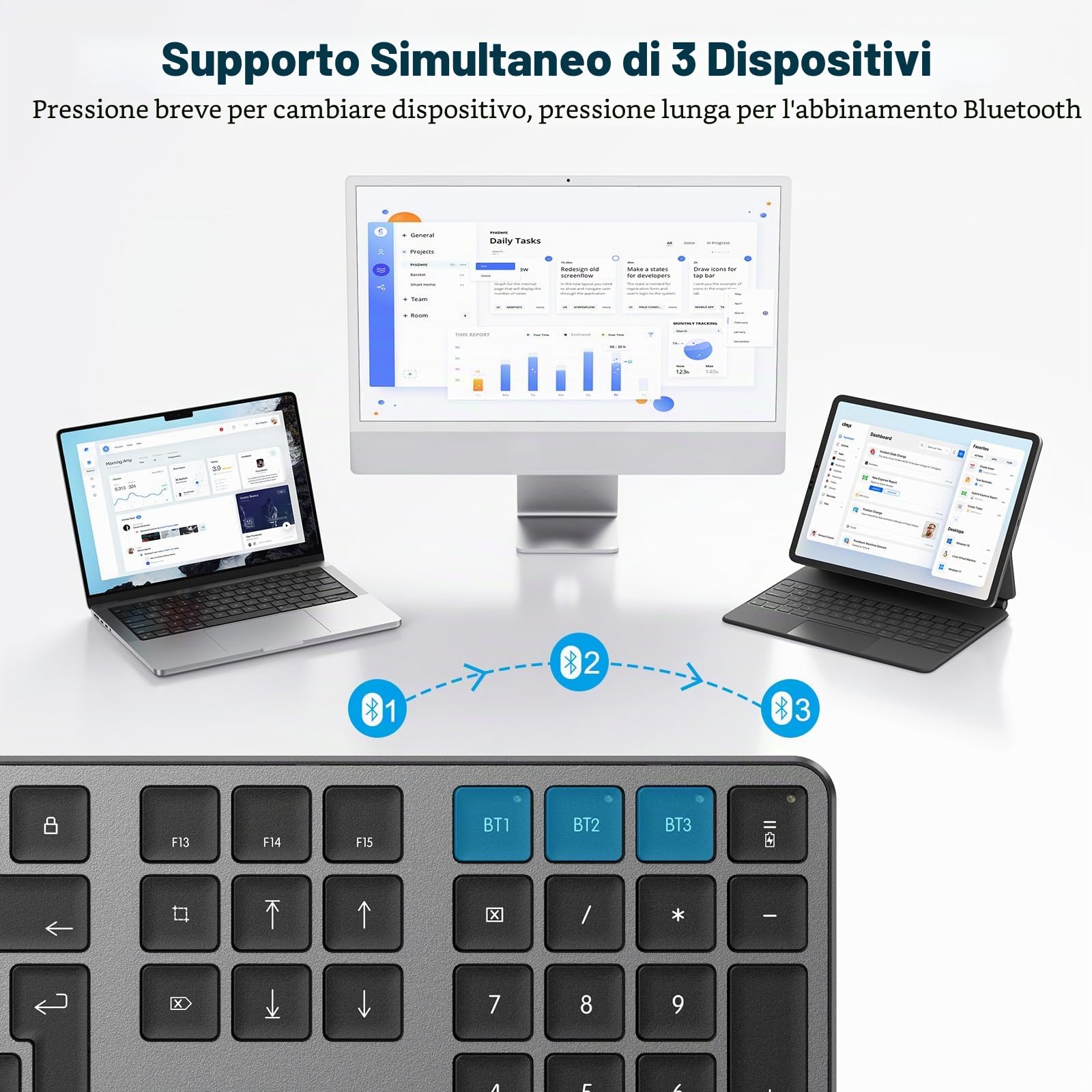 OMOTON Tastiera Bluetooth per Mac AZERTY francese, grigio scuro | Multi-dispositivo a 3 canali, ricaricabile, tasti a forbice per Apple Mac Pro/Mini, MacBook Neo/Air, iMac Pro