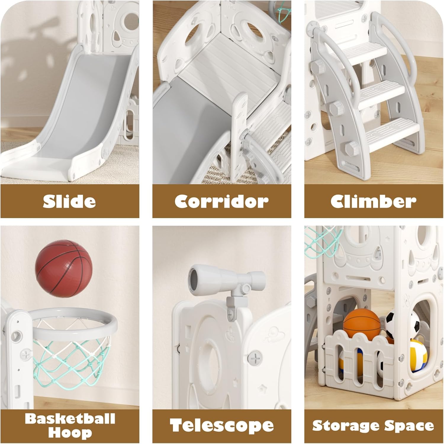 Glaf Toddler Slide 6 in 1 Outdoor Playset Indoor Playground for Kids Toddlers Age 1-3 Baby Slide with Basketball Hoop and Ball Storage Space and Telescope Freestanding Climber Slides Toys (Grey)
