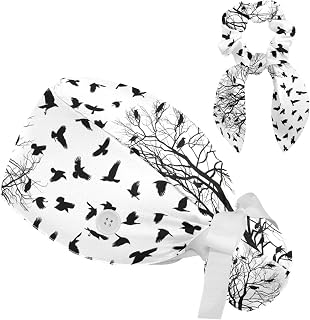 FVQL 2 Pieces Surgical Cap for Long Hair Scrub Cap with Hairband Nurse Cap, Tree and Bird Silhouette Pattern