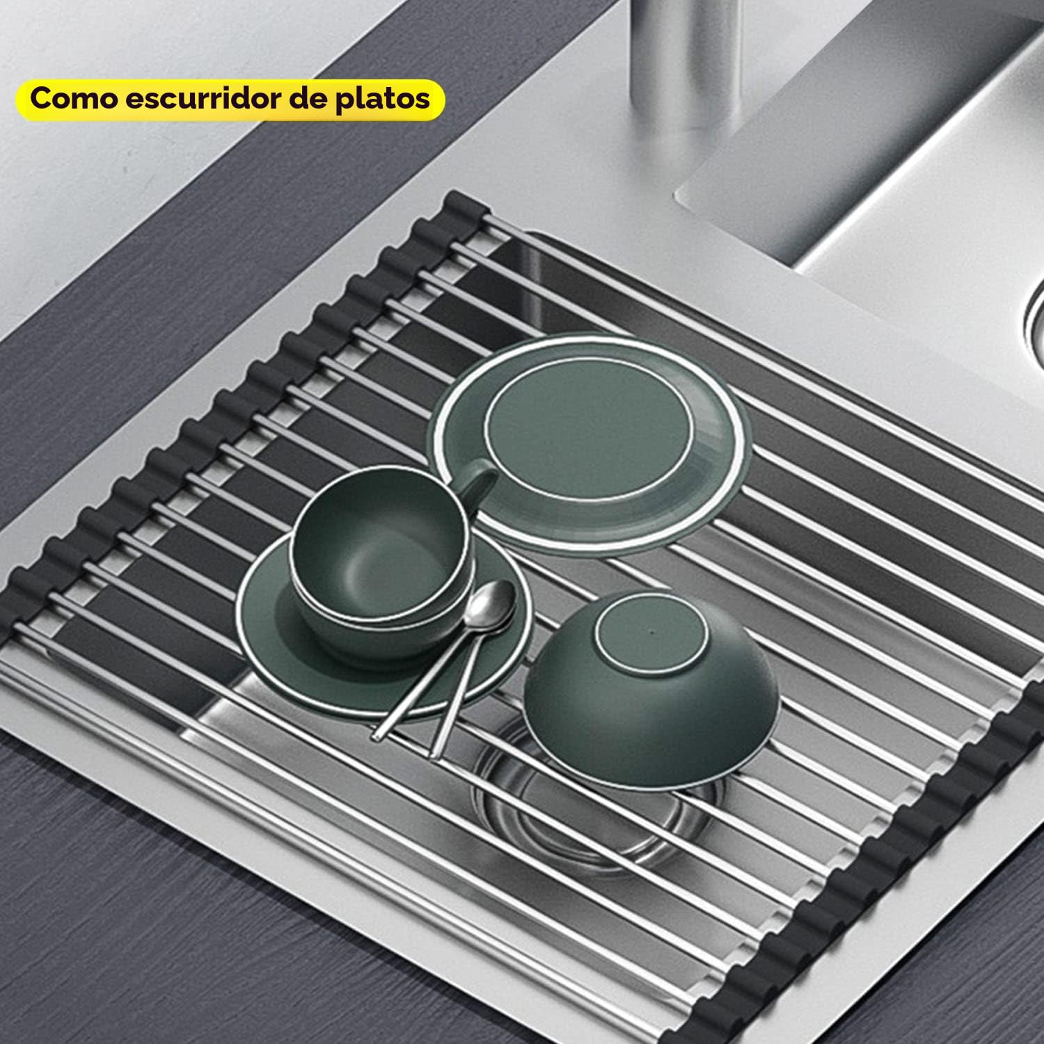 ViWaVee Escurreplatos Plegable y extraíble, escurridor de Platos sobre el Fregadero, Alfombrilla de Goteo, Rejilla de Goteo para Tazas, Frutas, Verduras, Organizador de Cocina (Negro 43 x 35)
